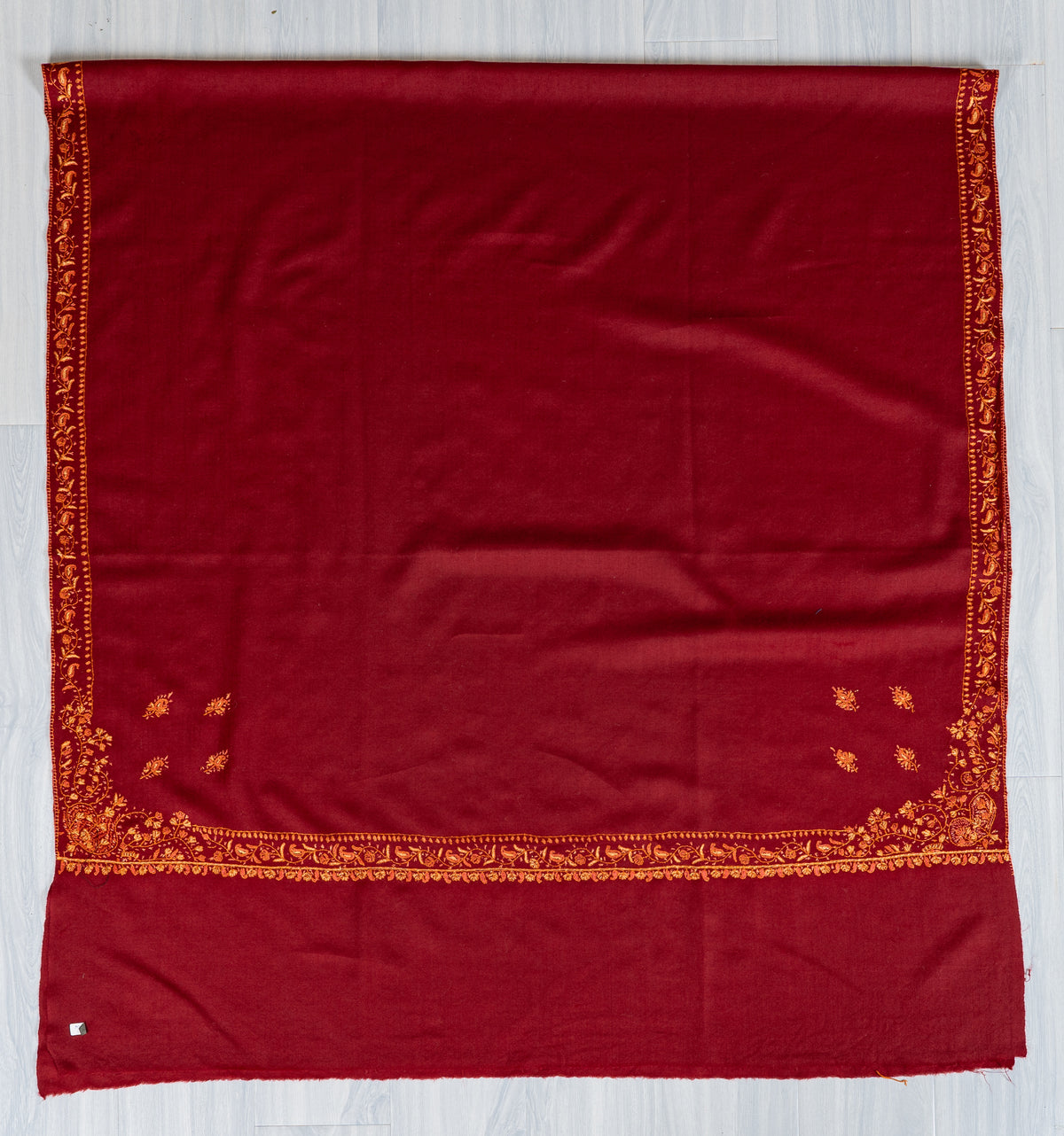 Ruby Red Merino Wool Shawl with Amber Sozni Hand Embroidered Borders