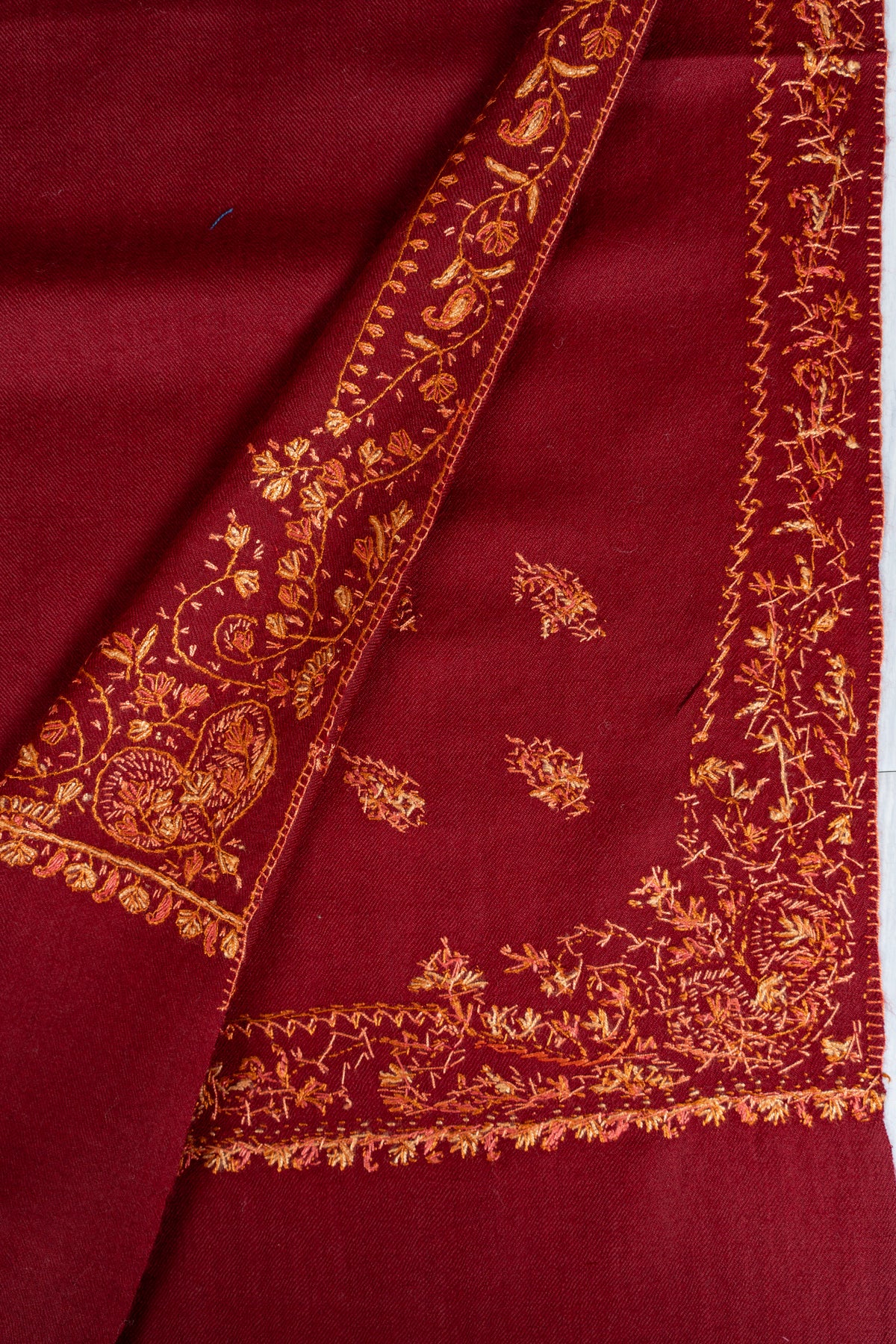 Ruby Red Merino Wool Shawl with Amber Sozni Hand Embroidered Borders