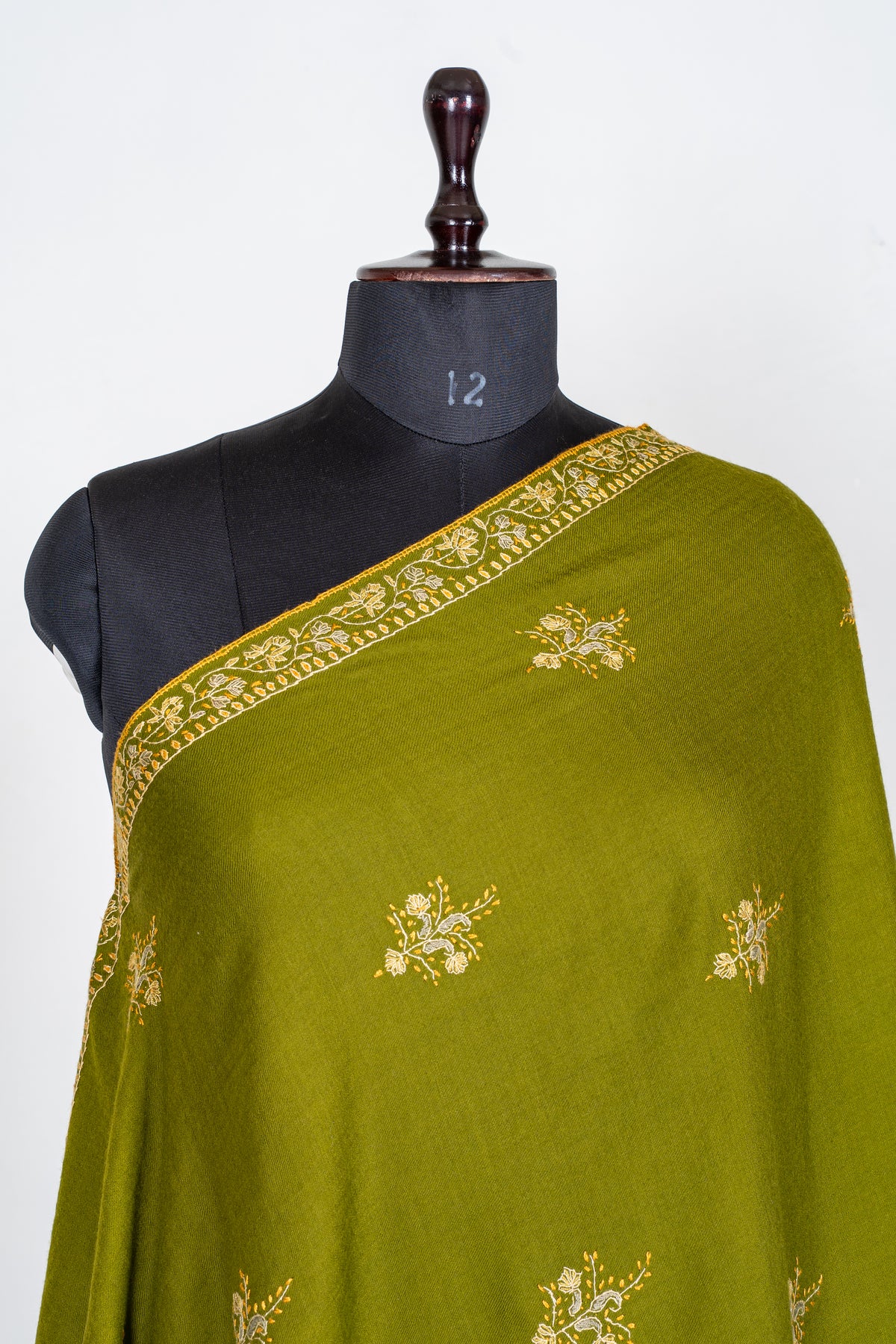 Olive Grove Merino Wool Shawl with Ivory Sozni Hand Embroidered Floral Sprigs