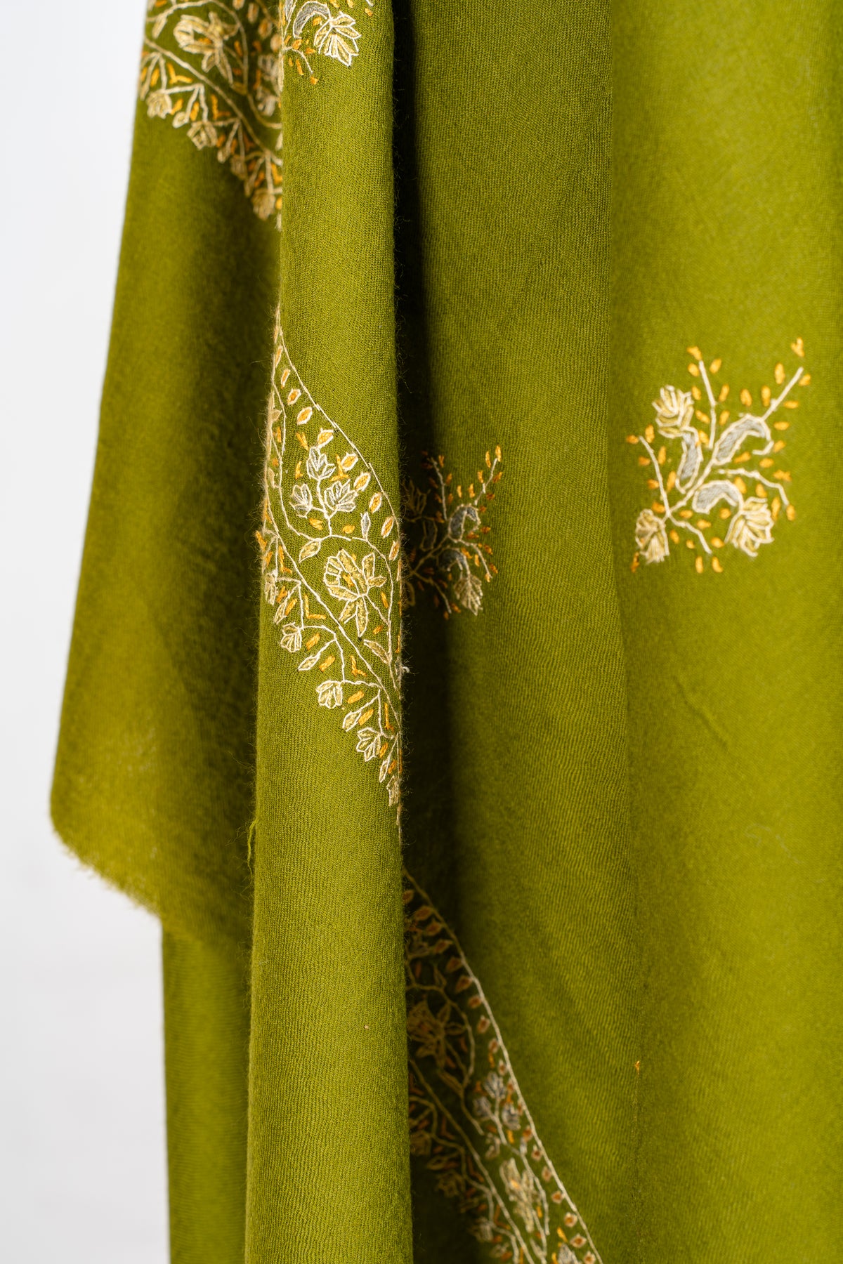 Olive Grove Merino Wool Shawl with Ivory Sozni Hand Embroidered Floral Sprigs