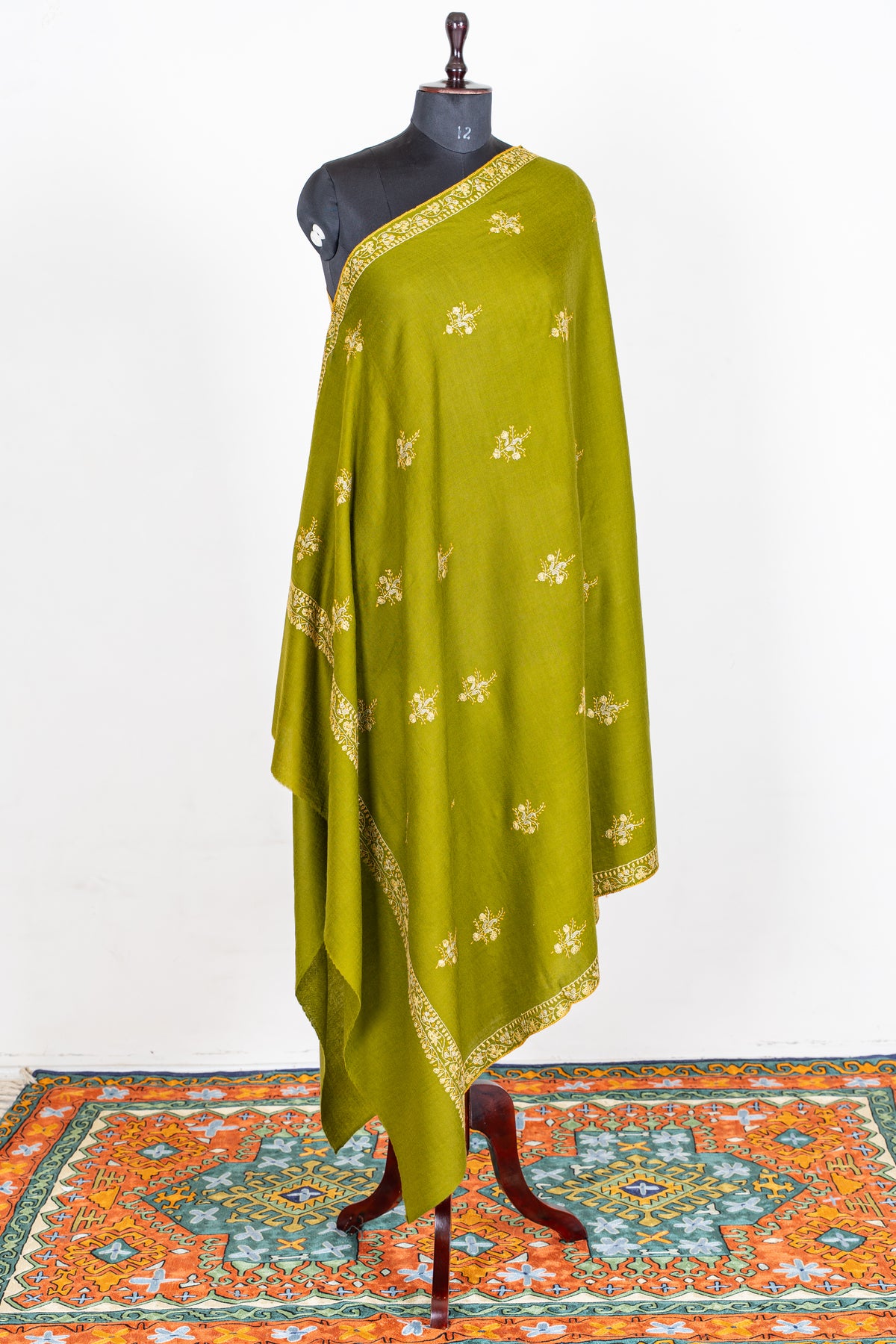 Olive Grove Merino Wool Shawl with Ivory Sozni Hand Embroidered Floral Sprigs