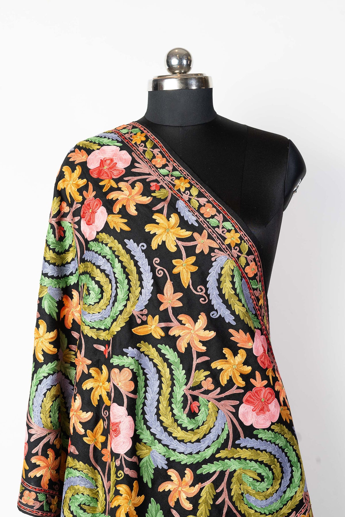 The Black Aari Symphony: Kashmiri Wool Scarf - KashmKari