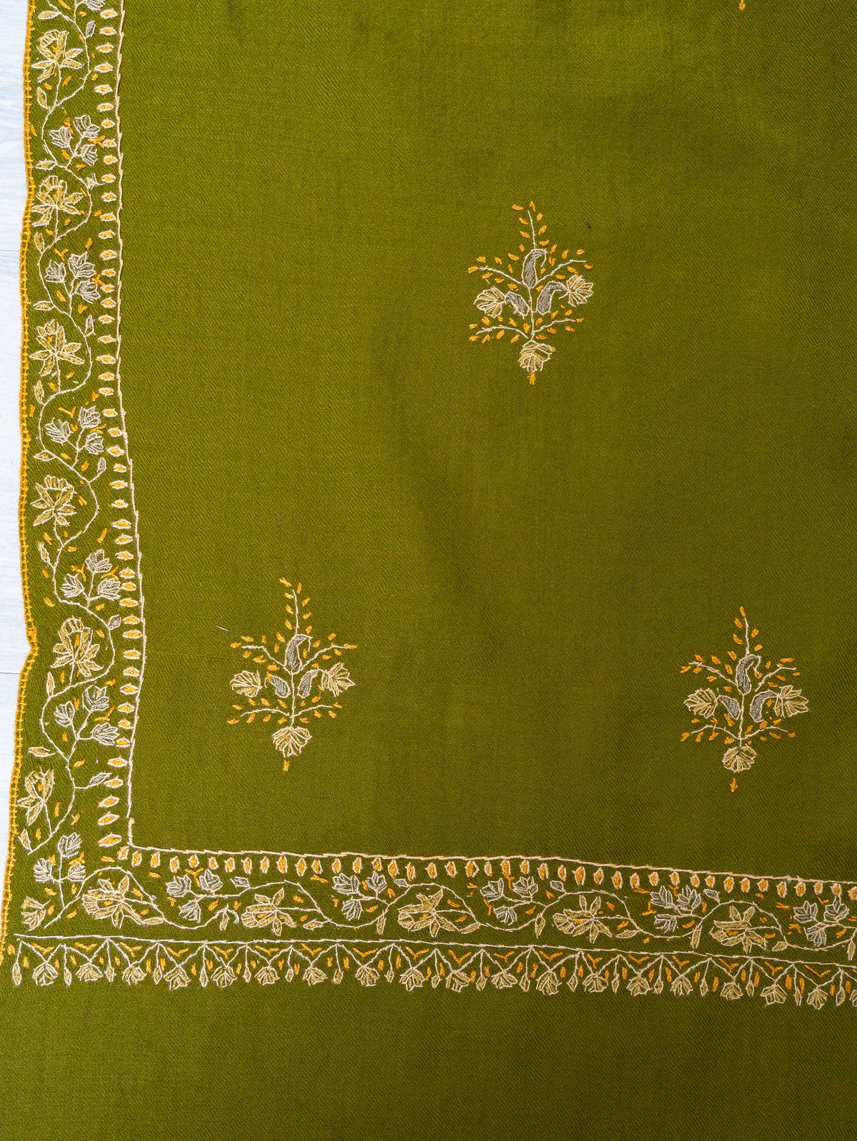Olive Grove Merino Wool Shawl with Ivory Sozni Hand Embroidered Floral Sprigs