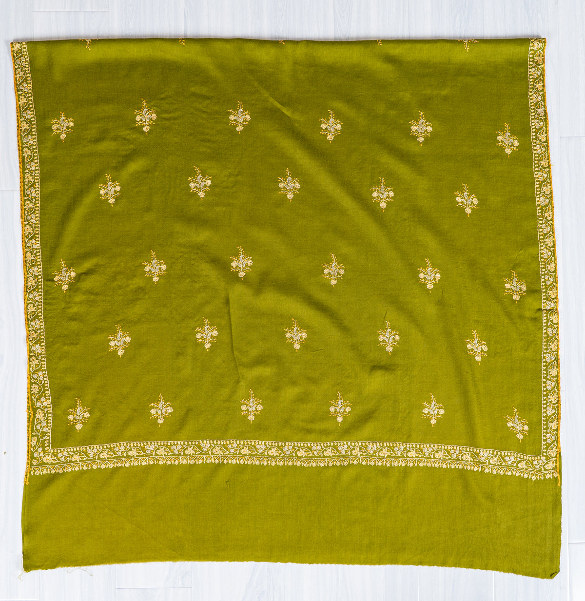 Olive Grove Merino Wool Shawl with Ivory Sozni Hand Embroidered Floral Sprigs