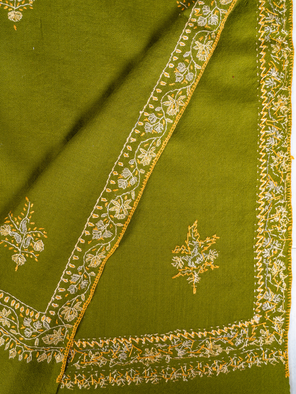 Olive Grove Merino Wool Shawl with Ivory Sozni Hand Embroidered Floral Sprigs
