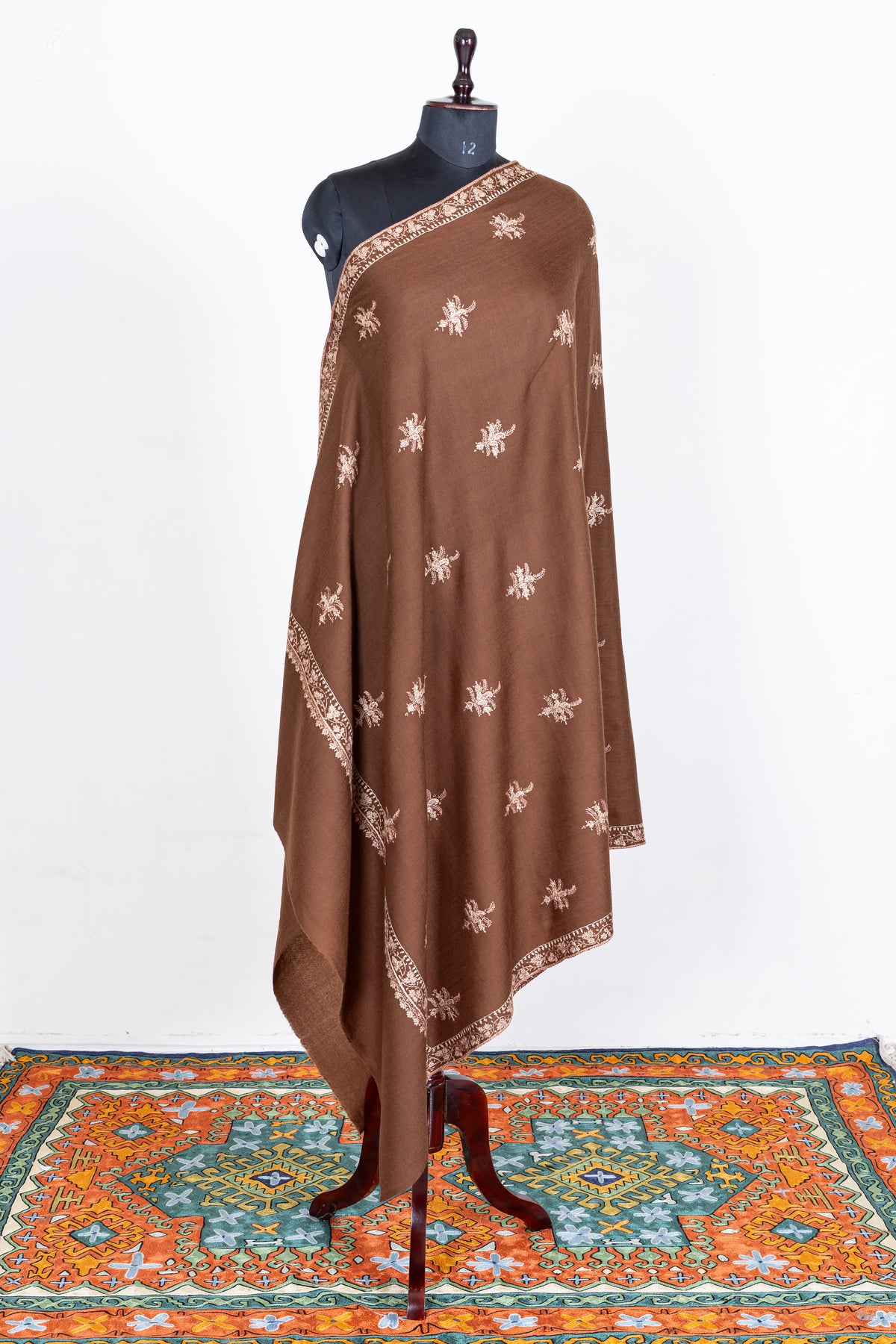 Cocoa Brown Merino Wool Shawl with Delicate Ivory Sozni Hand Embroidered Florals