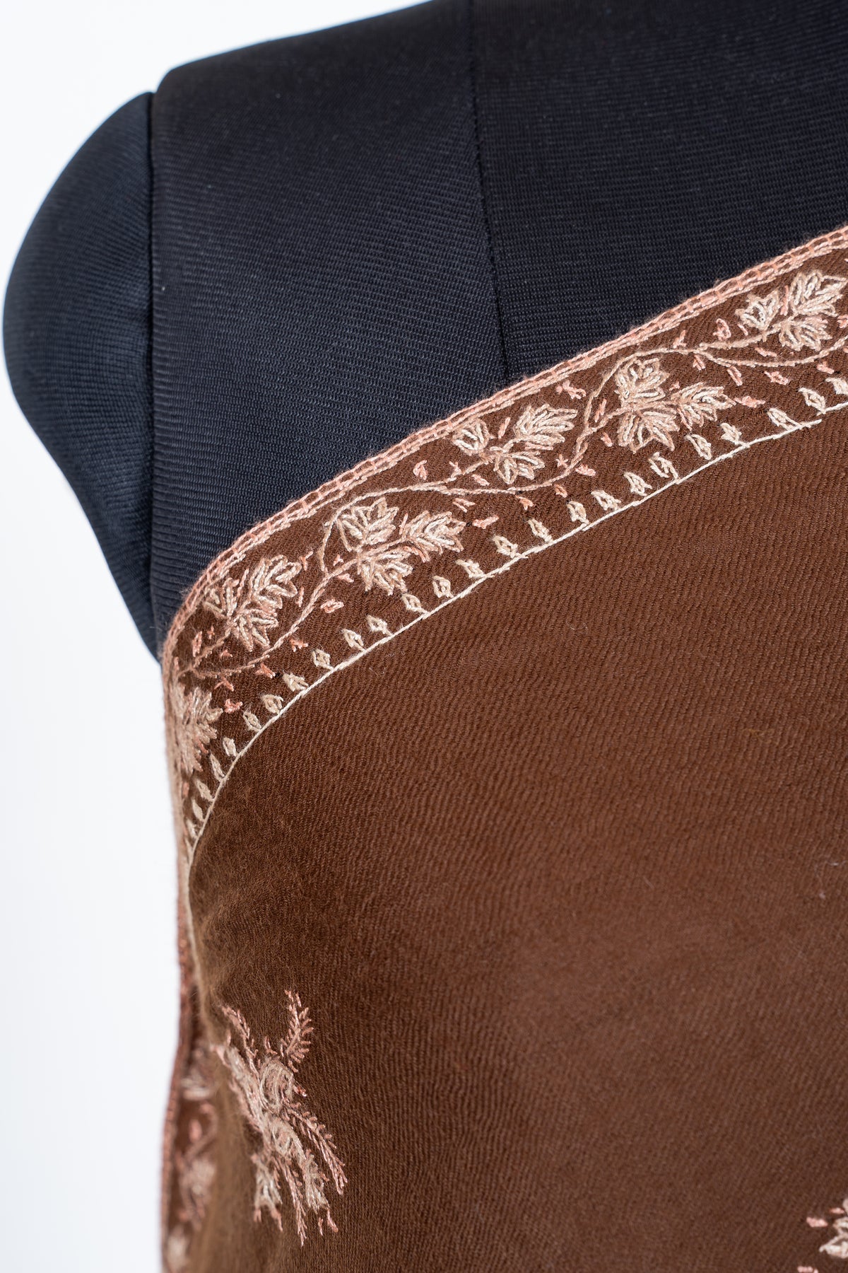 Cocoa Brown Merino Wool Shawl with Delicate Ivory Sozni Hand Embroidered Florals