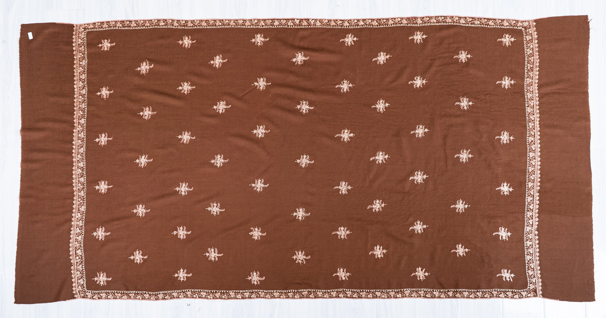 Cocoa Brown Merino Wool Shawl with Delicate Ivory Sozni Hand Embroidered Florals