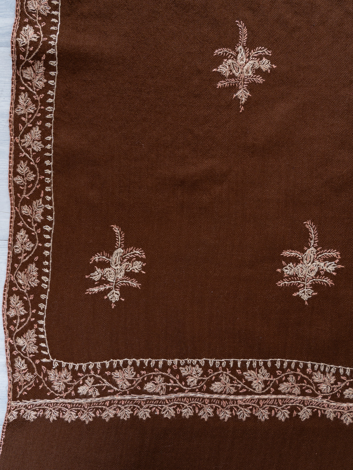 Cocoa Brown Merino Wool Shawl with Delicate Ivory Sozni Hand Embroidered Florals