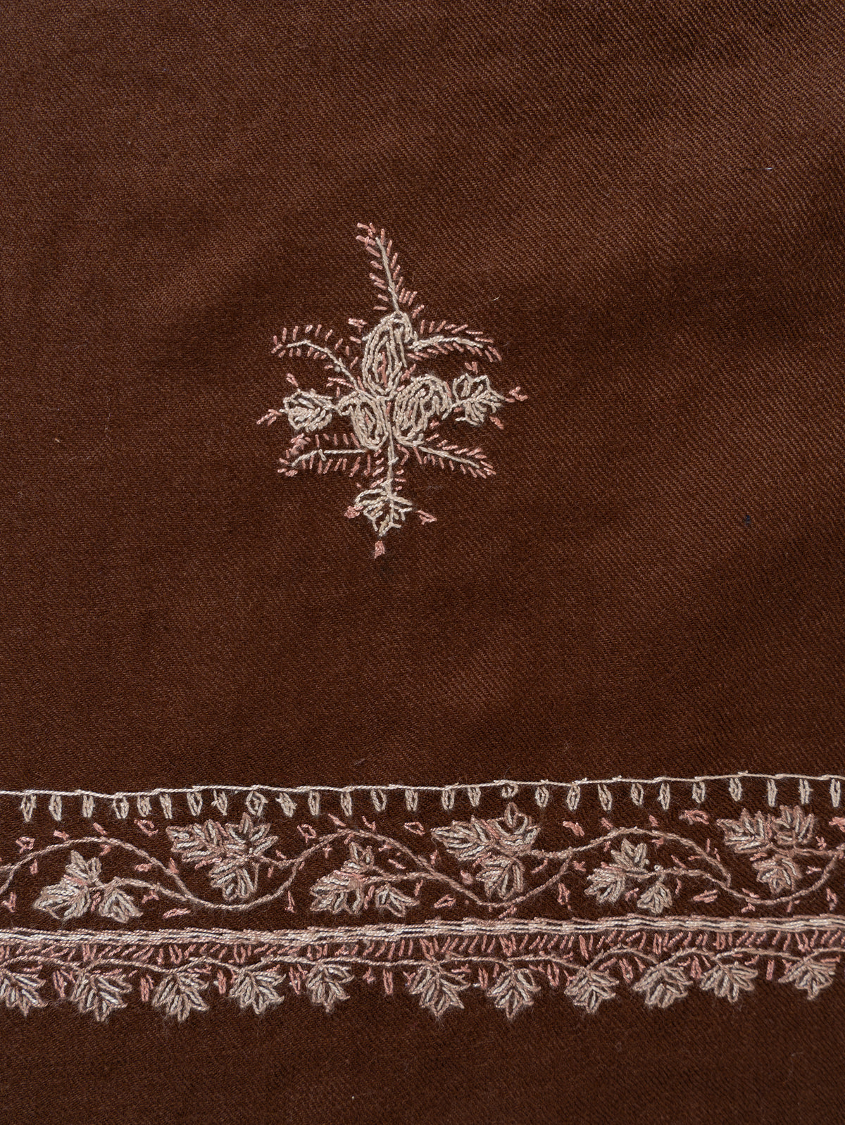 Cocoa Brown Merino Wool Shawl with Delicate Ivory Sozni Hand Embroidered Florals