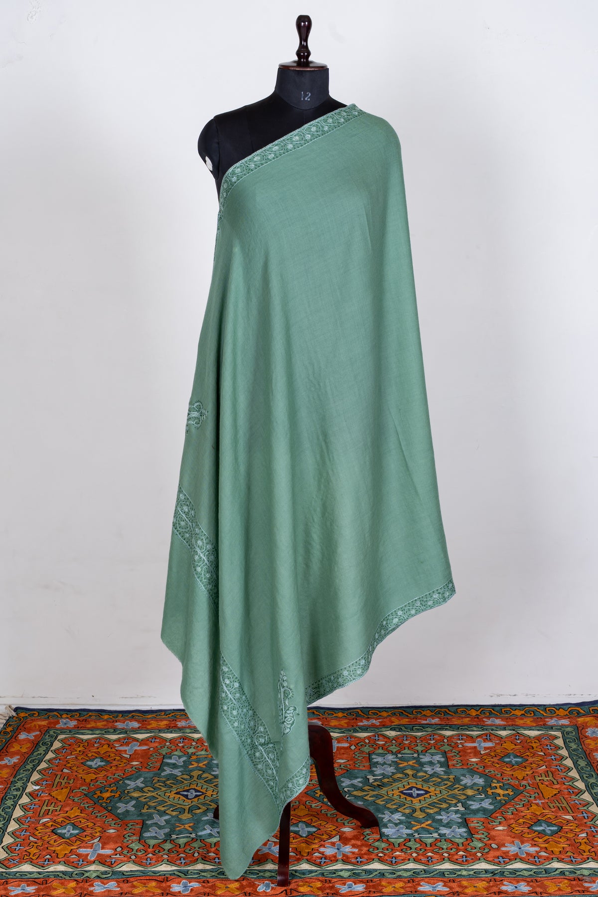 Sage Mist Merino Wool Shawl with Tonal Sozni Hand Embroidered Borders