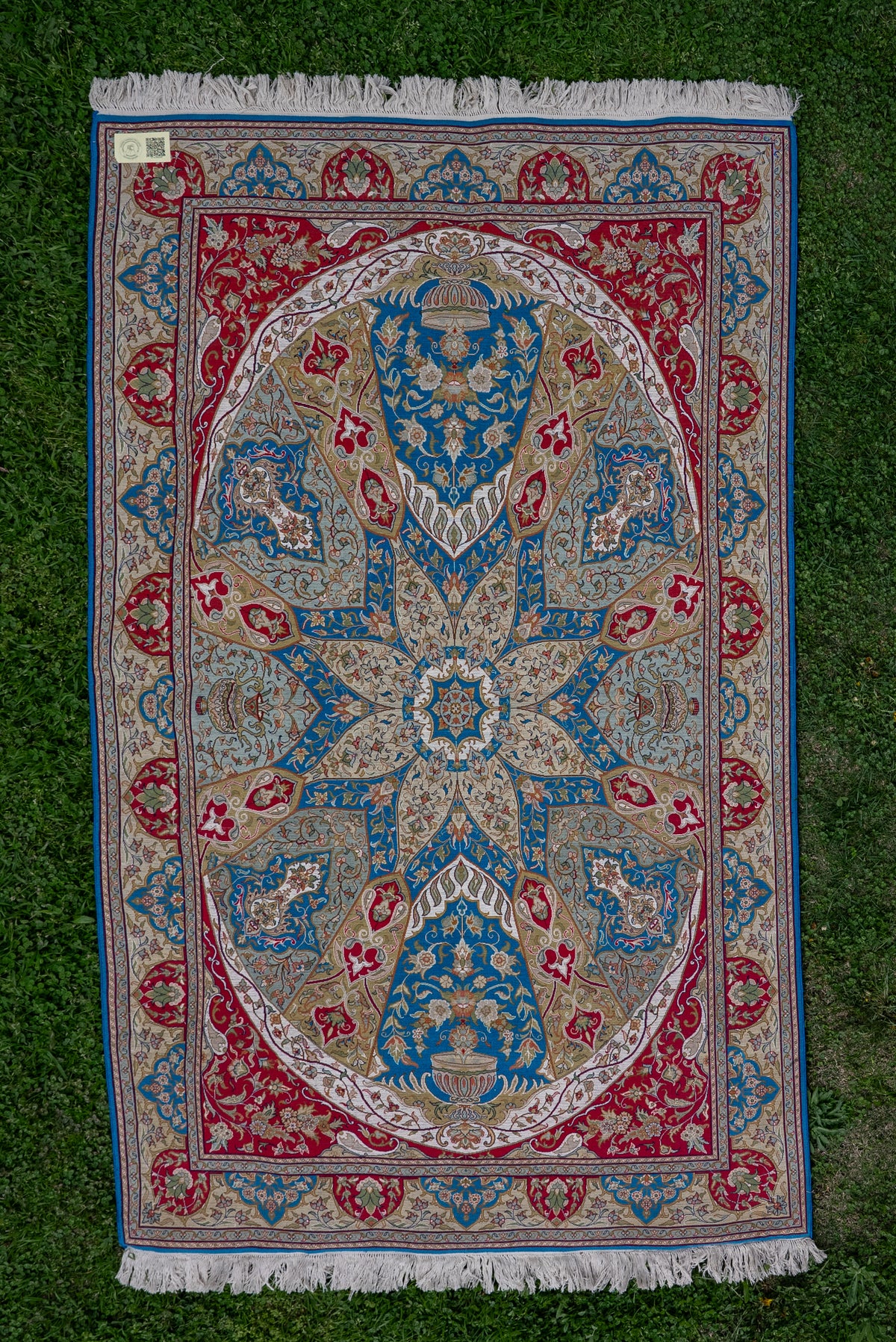 6ft x 4ft: Royal Azure Pavilion: Hand Knotted Mulberry silk on silk Kashmiri Carpet