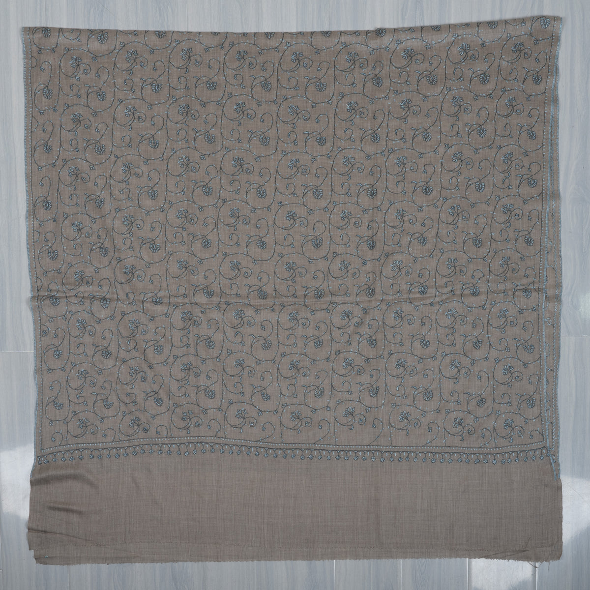 Silver Vine Classic: Merino wool 2.5 Yards Sozni Hand Embroidered Shawl