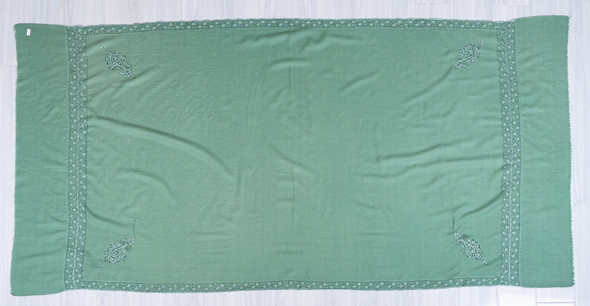 Sage Mist Merino Wool Shawl with Tonal Sozni Hand Embroidered Borders