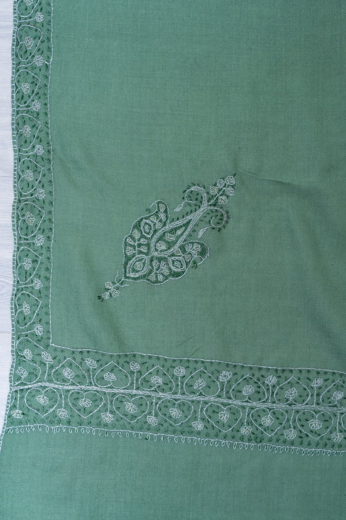 Sage Mist Merino Wool Shawl with Tonal Sozni Hand Embroidered Borders