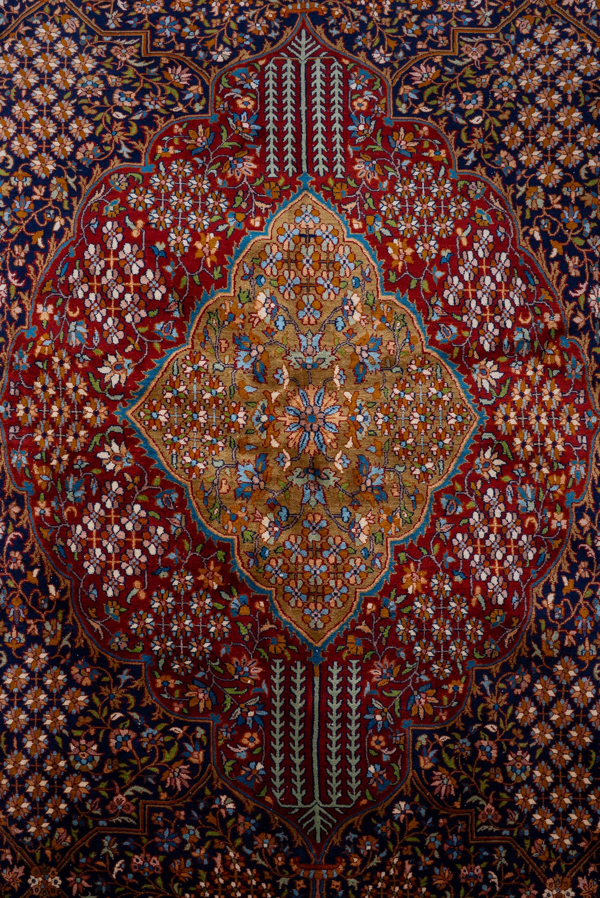 9ft x 6ft: Imperial Crimson Sanctuary: Hand Knotted Mulberry silk on silk Kashmiri Carpet