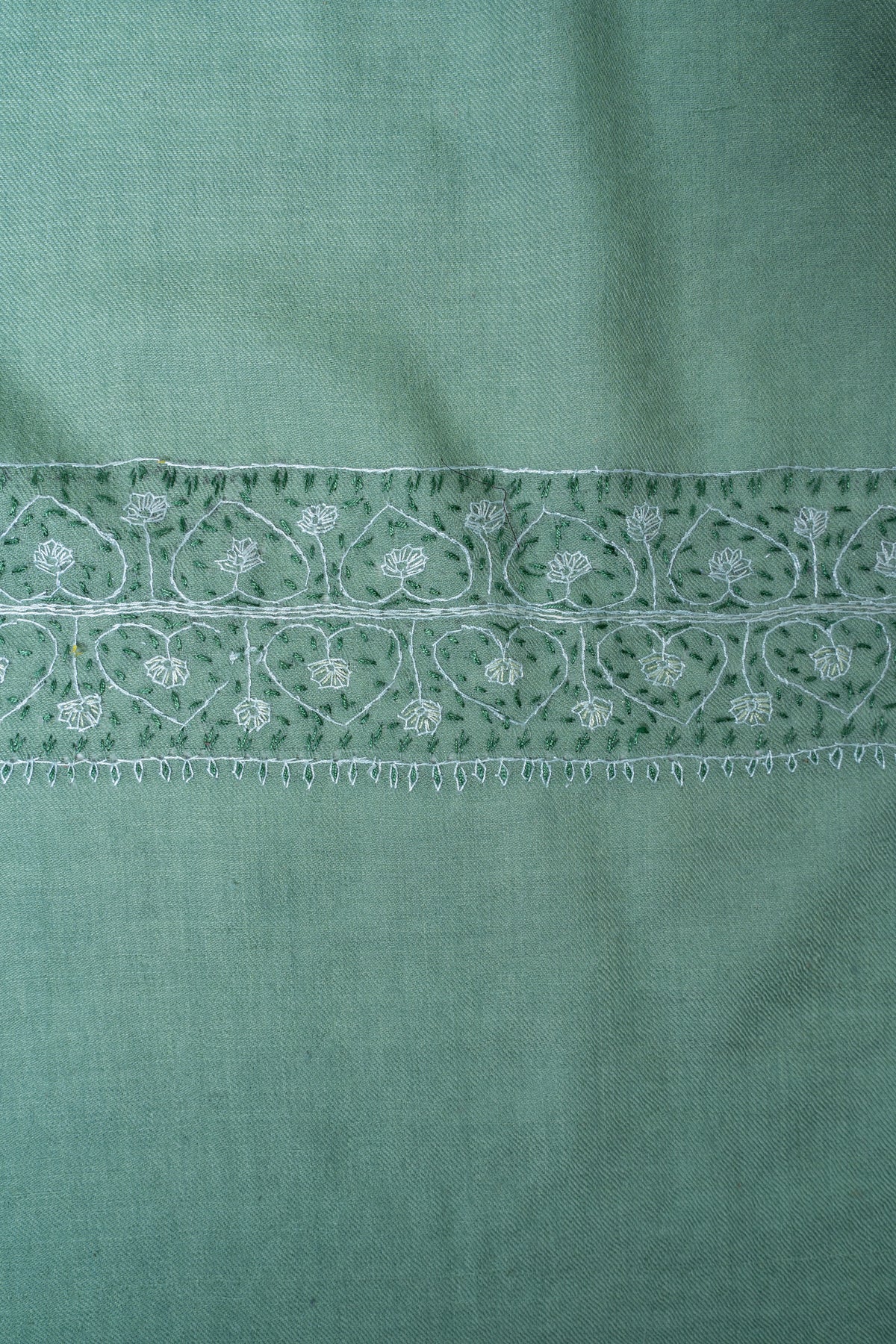 Sage Mist Merino Wool Shawl with Tonal Sozni Hand Embroidered Borders
