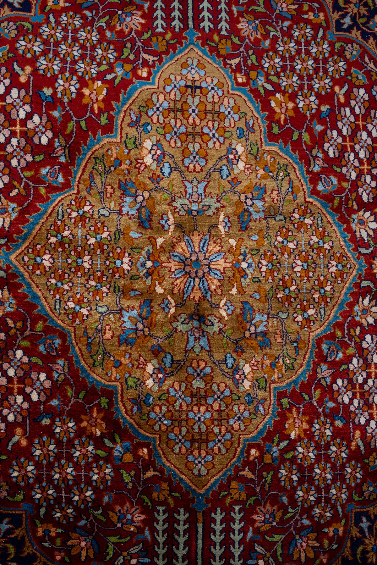 9ft x 6ft: Imperial Crimson Sanctuary: Hand Knotted Mulberry silk on silk Kashmiri Carpet