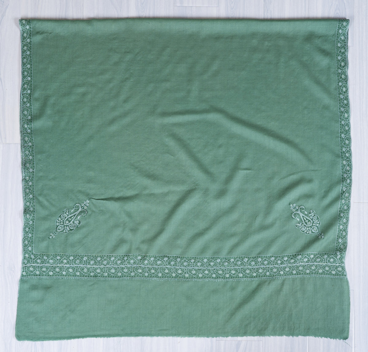 Sage Mist Merino Wool Shawl with Tonal Sozni Hand Embroidered Borders