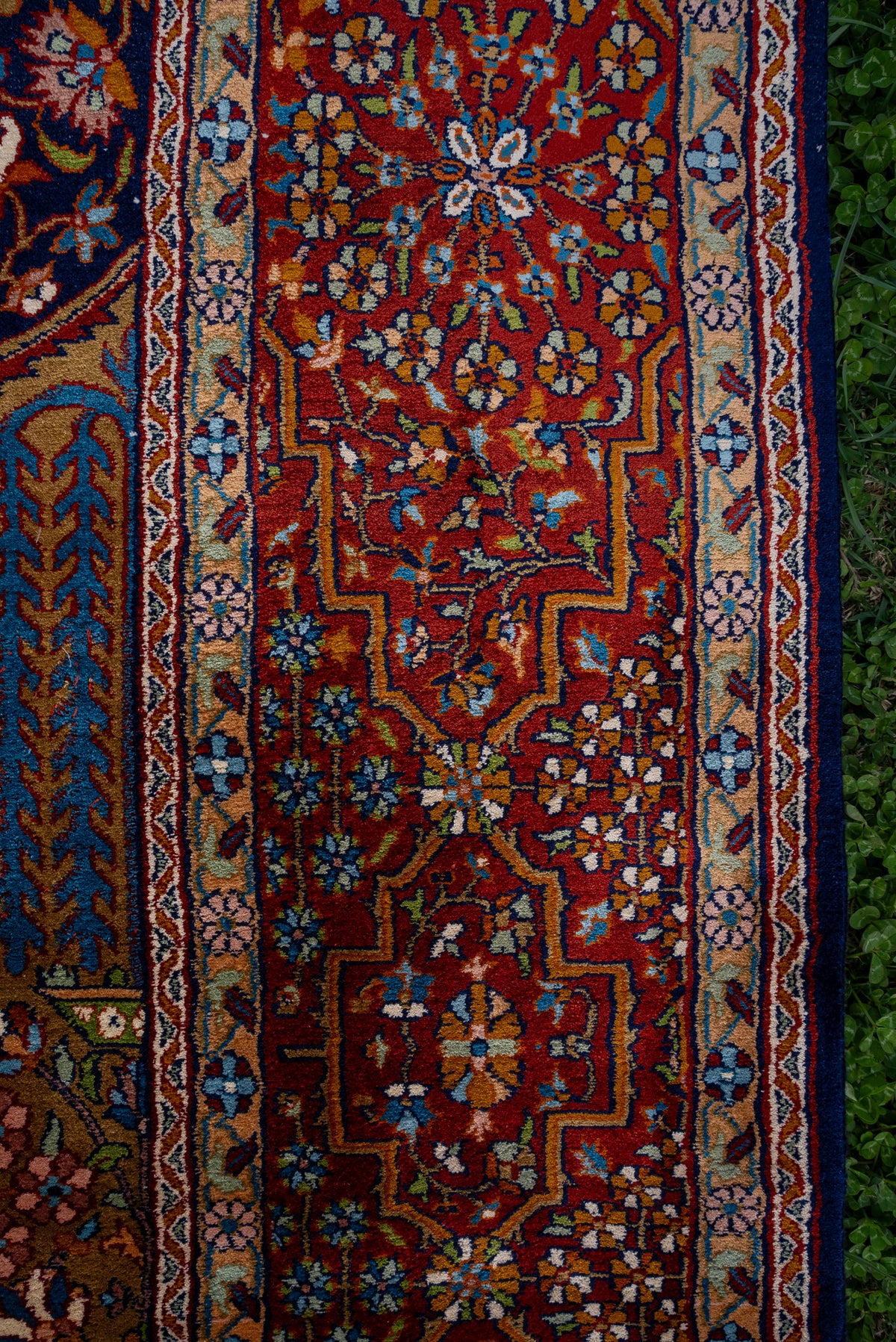9ft x 6ft: Imperial Crimson Sanctuary: Hand Knotted Mulberry silk on silk Kashmiri Carpet