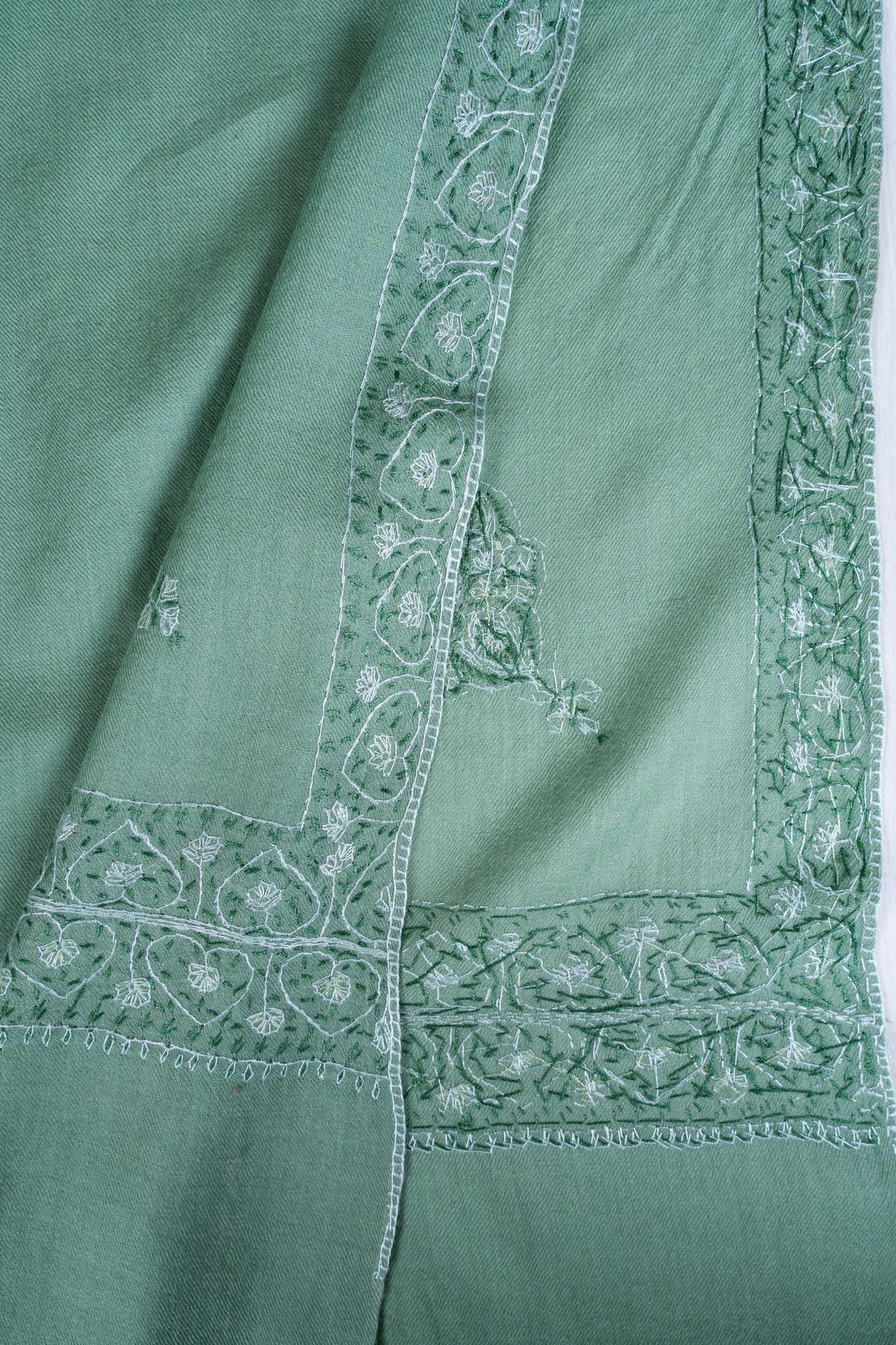Sage Mist Merino Wool Shawl with Tonal Sozni Hand Embroidered Borders