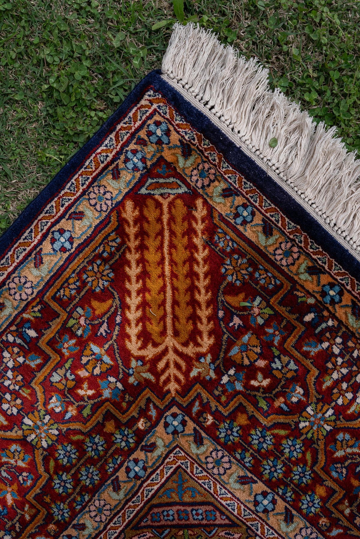 9ft x 6ft: Imperial Crimson Sanctuary: Hand Knotted Mulberry silk on silk Kashmiri Carpet