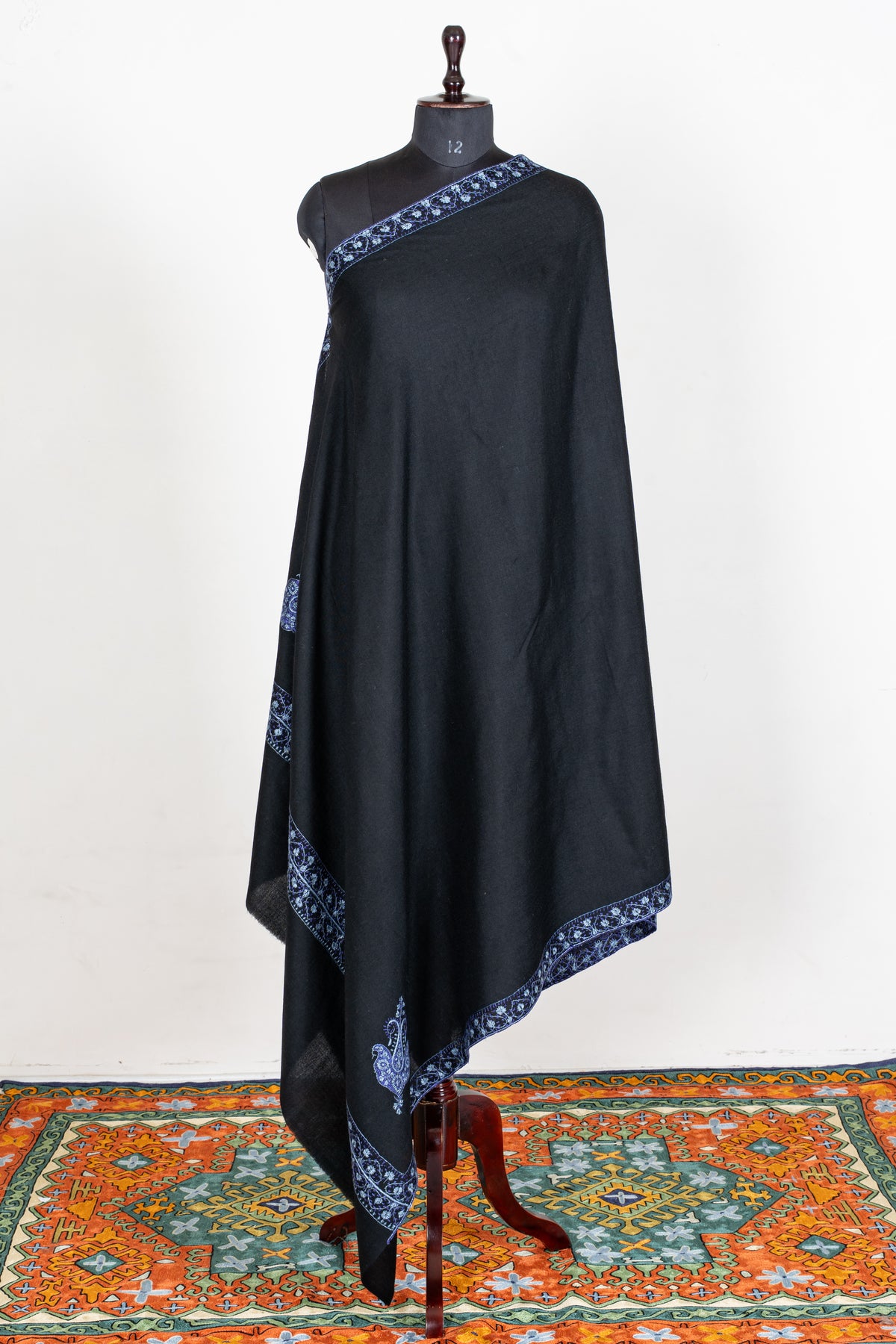 Midnight Noir Merino Wool Shawl with Sapphire Blue Sozni Hand Embroidered Borders
