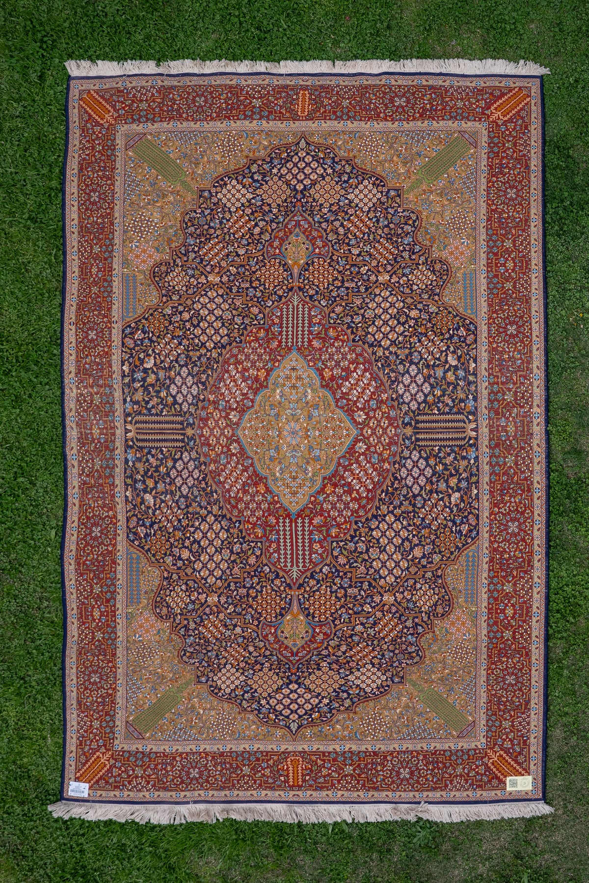 9ft x 6ft: Imperial Crimson Sanctuary: Hand Knotted Mulberry silk on silk Kashmiri Carpet