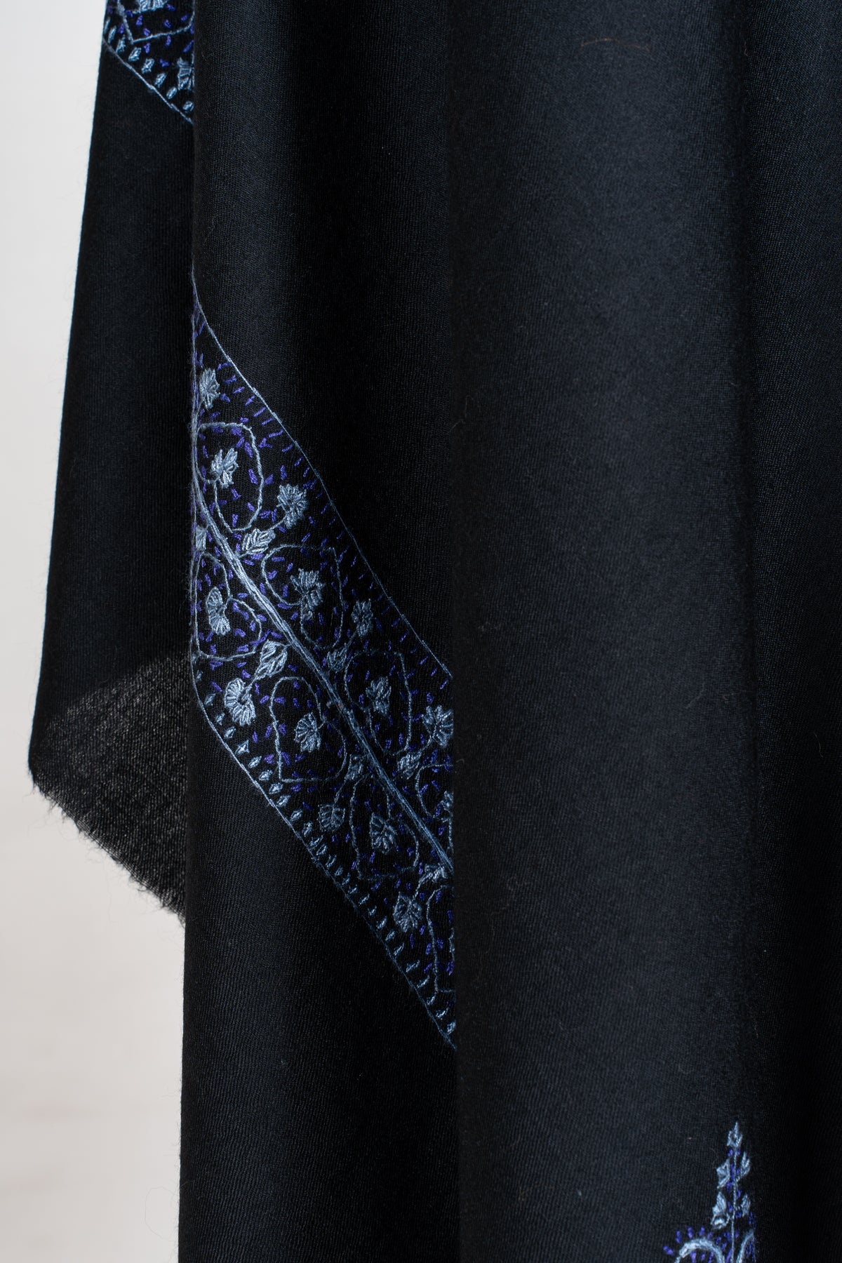 Midnight Noir Merino Wool Shawl with Sapphire Blue Sozni Hand Embroidered Borders