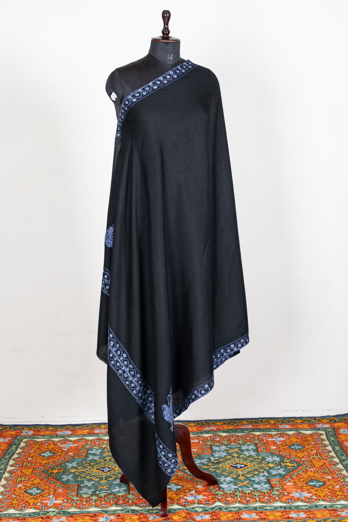 Midnight Noir Merino Wool Shawl with Sapphire Blue Sozni Hand Embroidered Borders