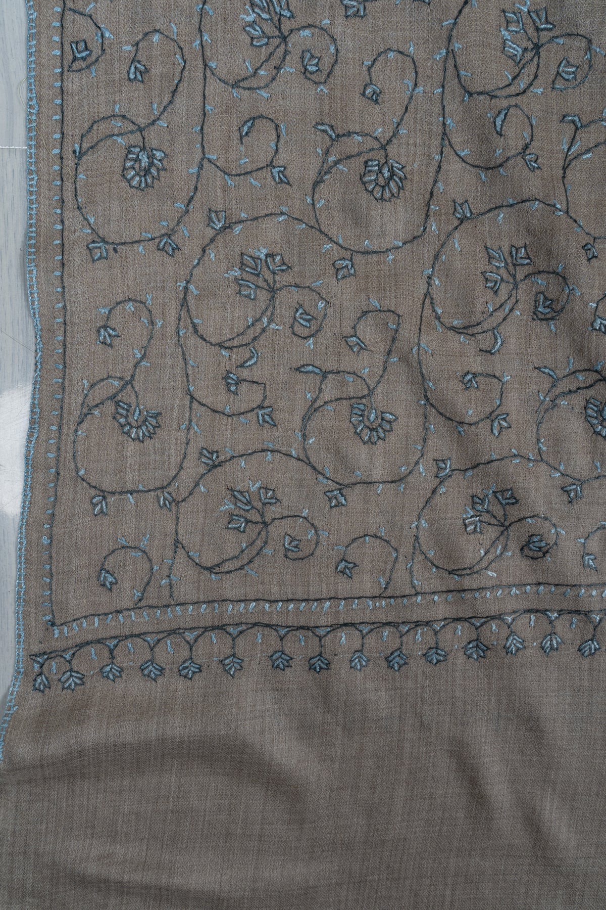 Silver Vine Classic: Merino wool 2.5 Yards Sozni Hand Embroidered Shawl