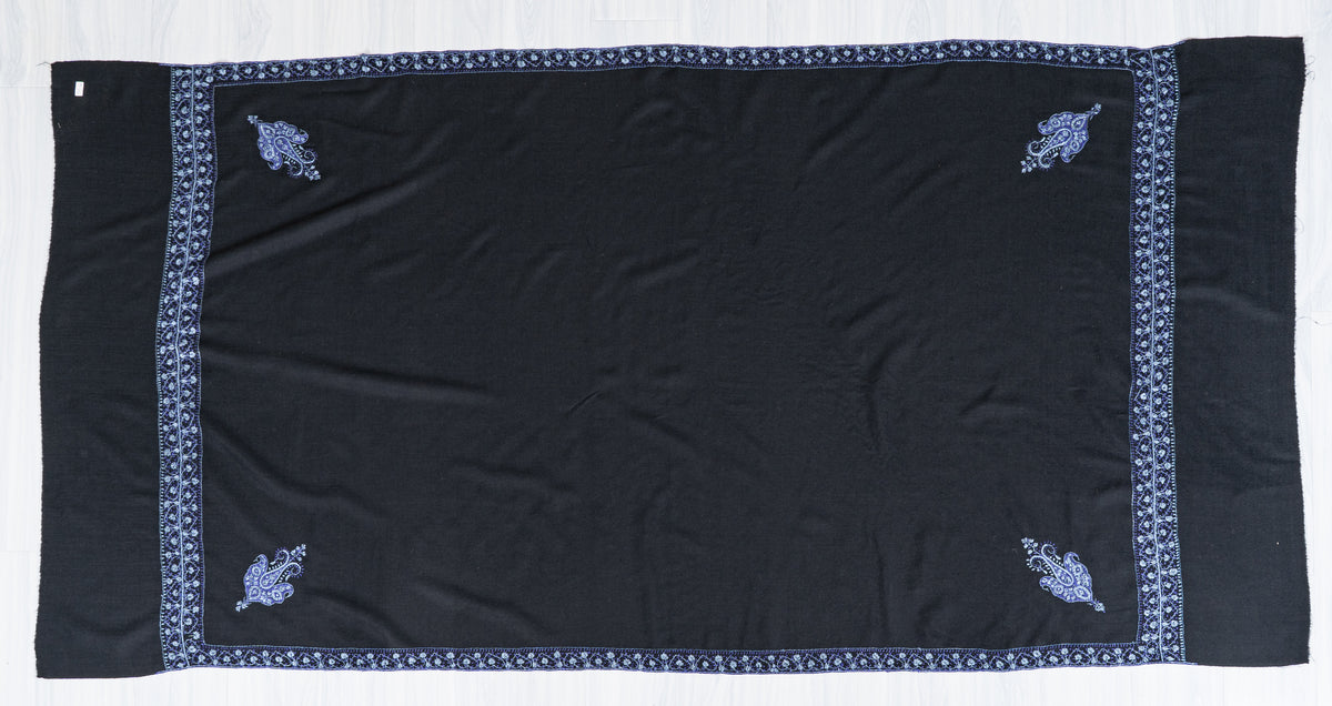 Midnight Noir Merino Wool Shawl with Sapphire Blue Sozni Hand Embroidered Borders