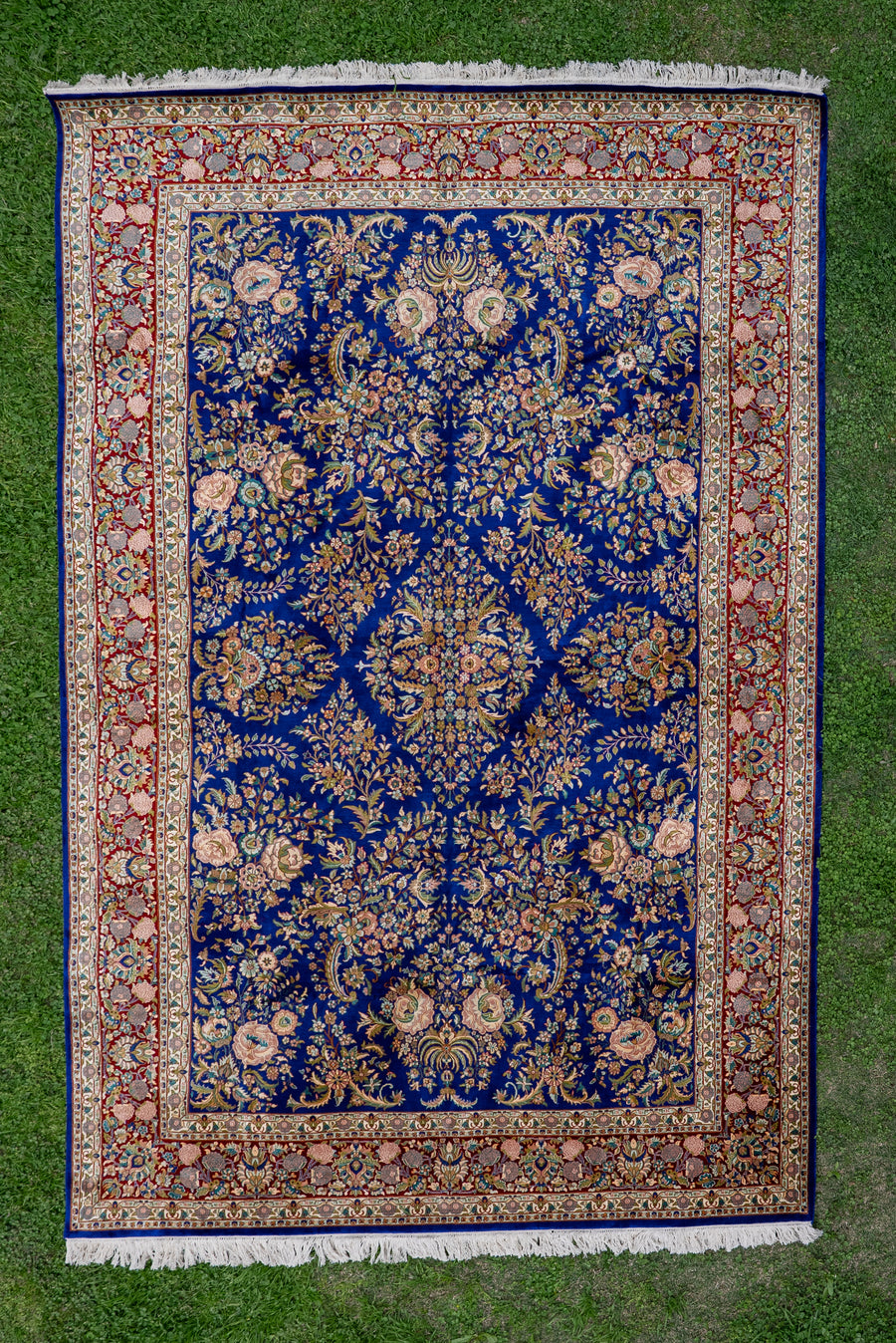 9ft x 6ft: Sapphire Blossom Garden: Hand Knotted Mulberry silk on silk Kashmiri Carpet