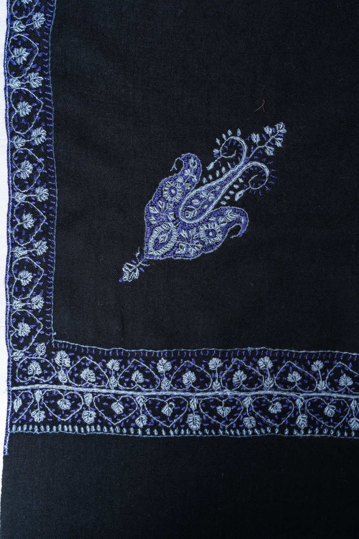 Midnight Noir Merino Wool Shawl with Sapphire Blue Sozni Hand Embroidered Borders