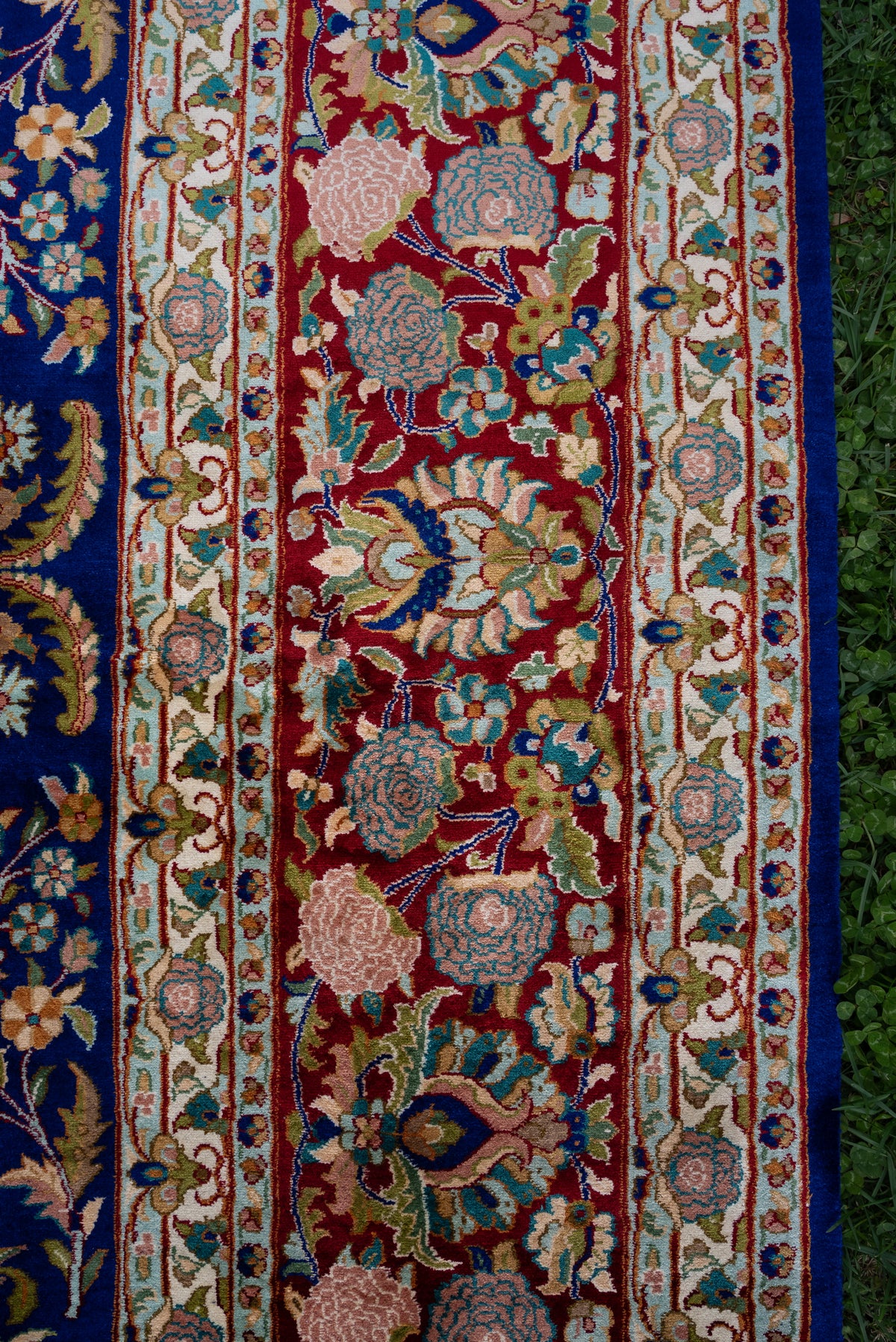 9ft x 6ft: Sapphire Blossom Garden: Hand Knotted Mulberry silk on silk Kashmiri Carpet