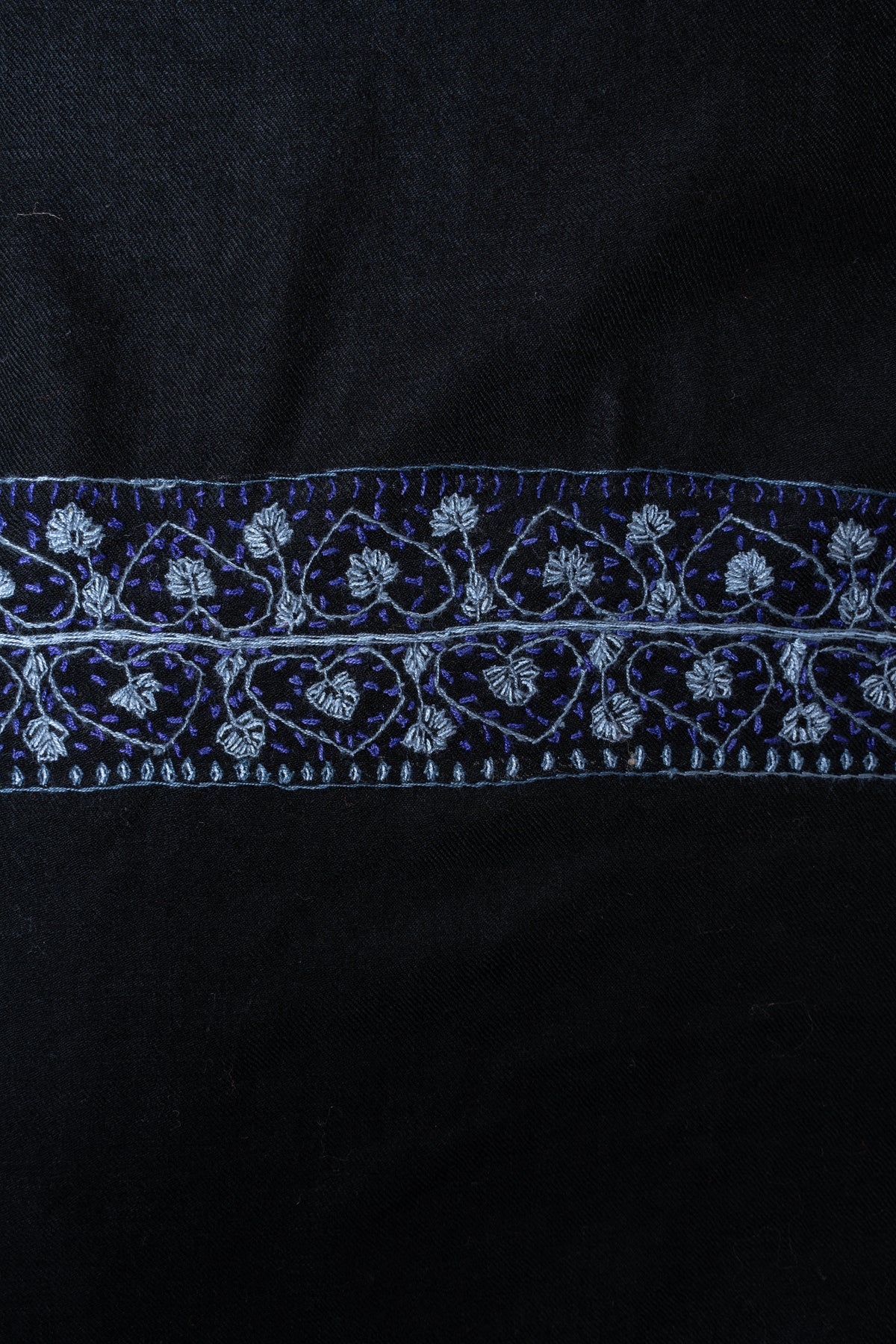 Midnight Noir Merino Wool Shawl with Sapphire Blue Sozni Hand Embroidered Borders