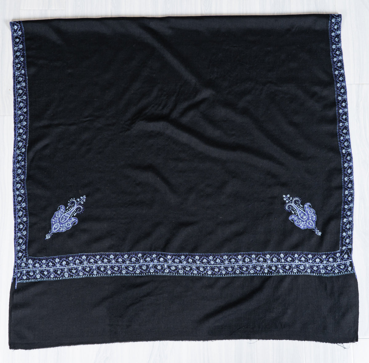 Midnight Noir Merino Wool Shawl with Sapphire Blue Sozni Hand Embroidered Borders