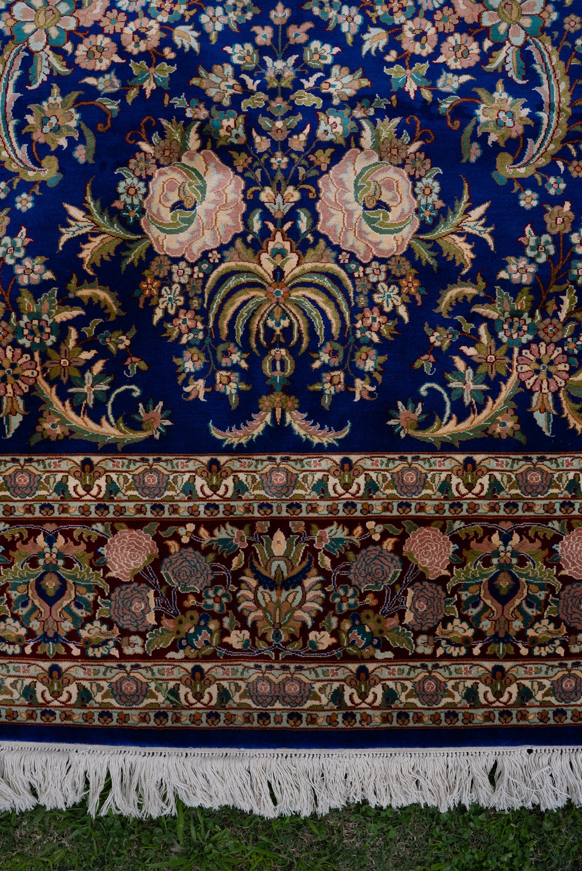 9ft x 6ft: Sapphire Blossom Garden: Hand Knotted Mulberry silk on silk Kashmiri Carpet