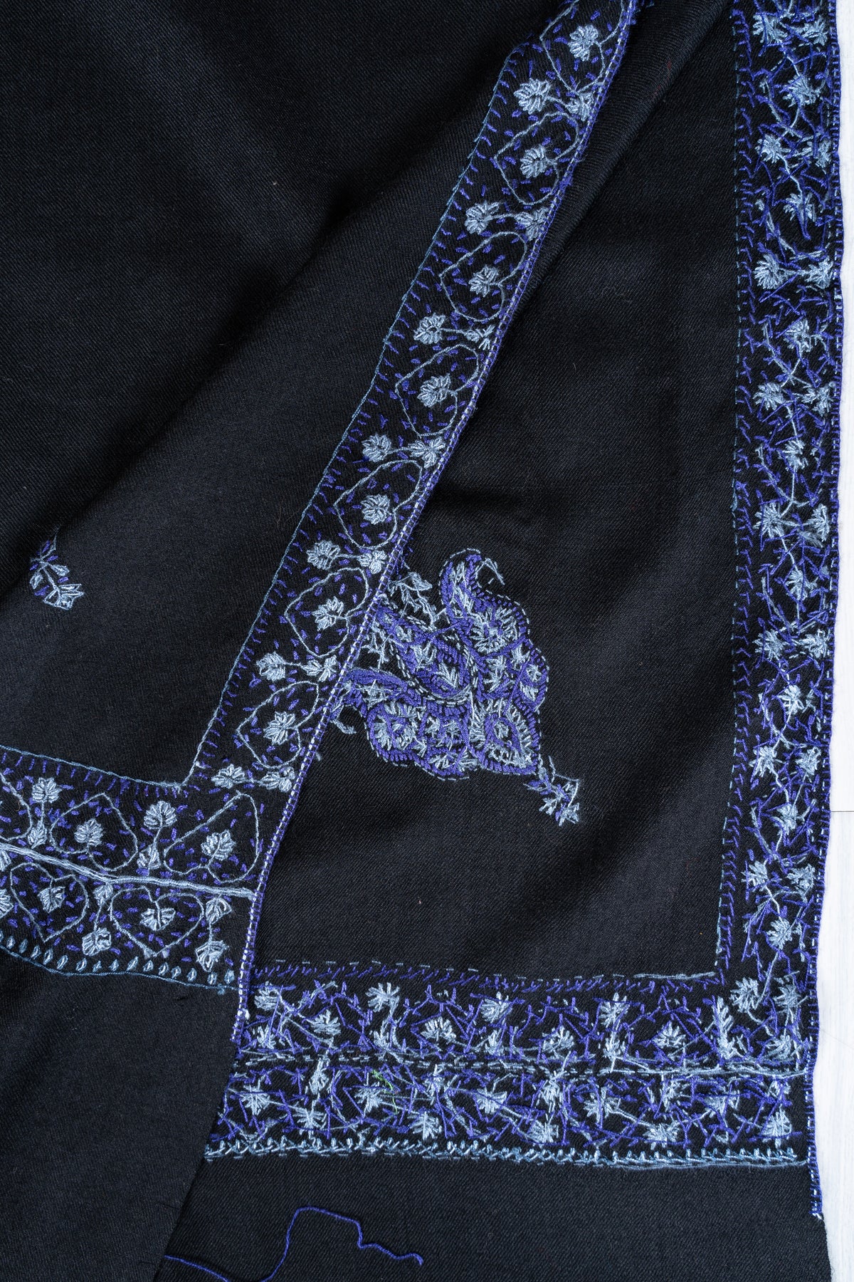 Midnight Noir Merino Wool Shawl with Sapphire Blue Sozni Hand Embroidered Borders