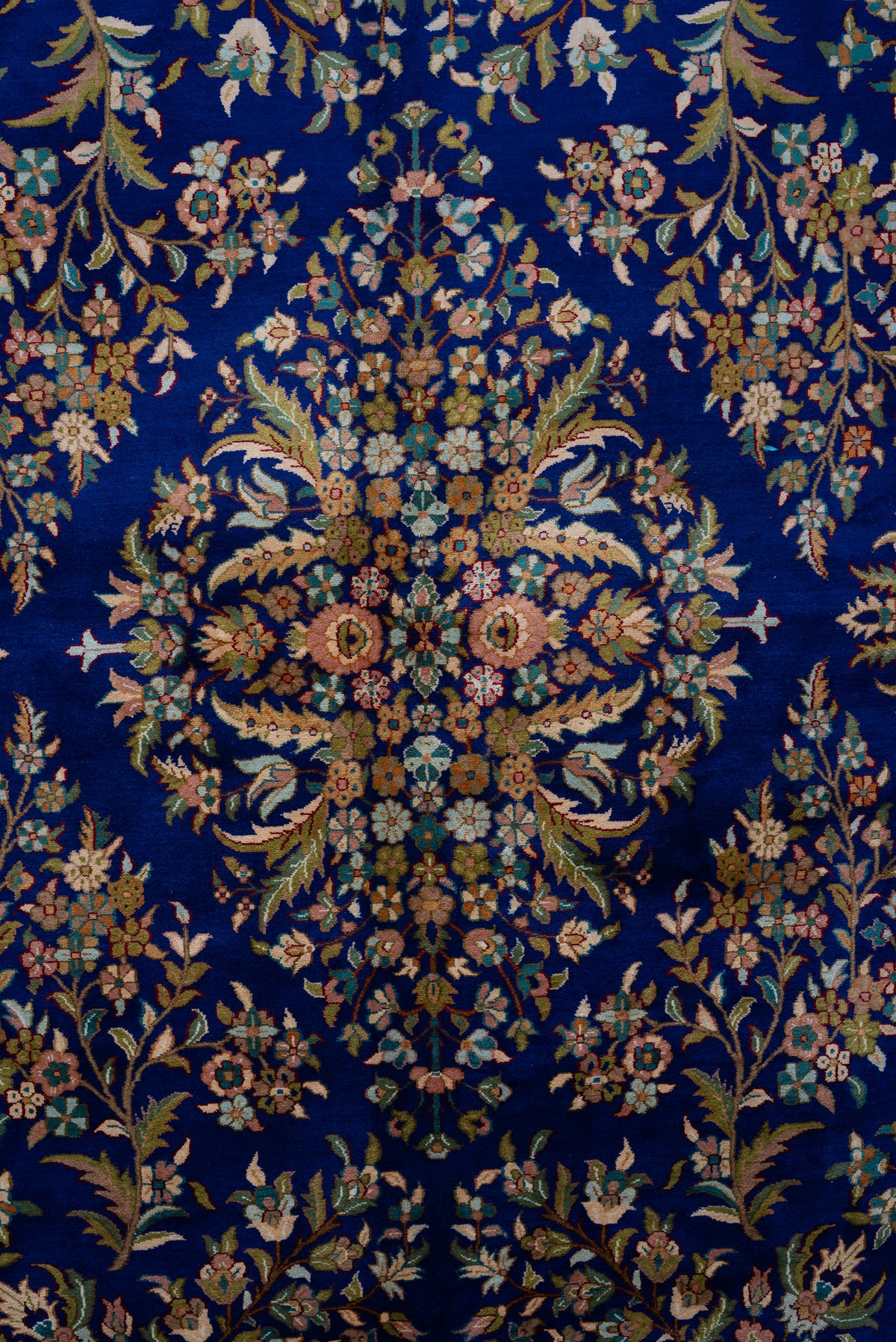 9ft x 6ft: Sapphire Blossom Garden: Hand Knotted Mulberry silk on silk Kashmiri Carpet