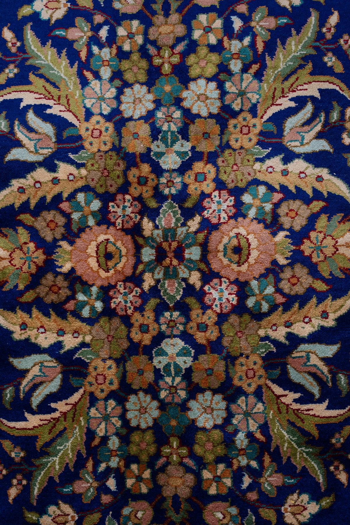 9ft x 6ft: Sapphire Blossom Garden: Hand Knotted Mulberry silk on silk Kashmiri Carpet
