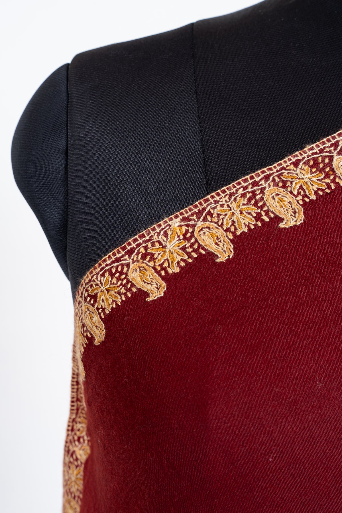 Garnet Red Merino Wool Shawl with Champagne Gold Sozni Hand Embroidered Paisley Accents