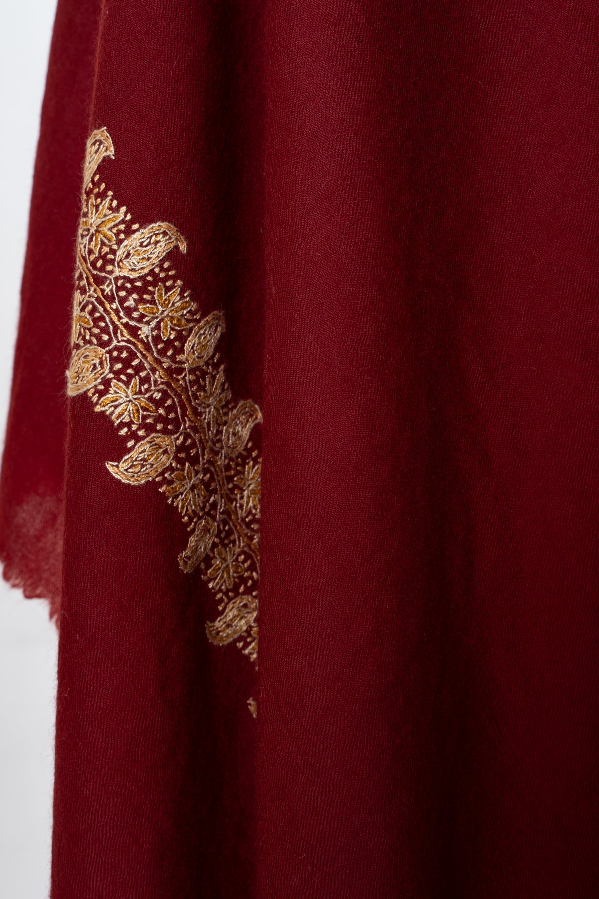 Garnet Red Merino Wool Shawl with Champagne Gold Sozni Hand Embroidered Paisley Accents