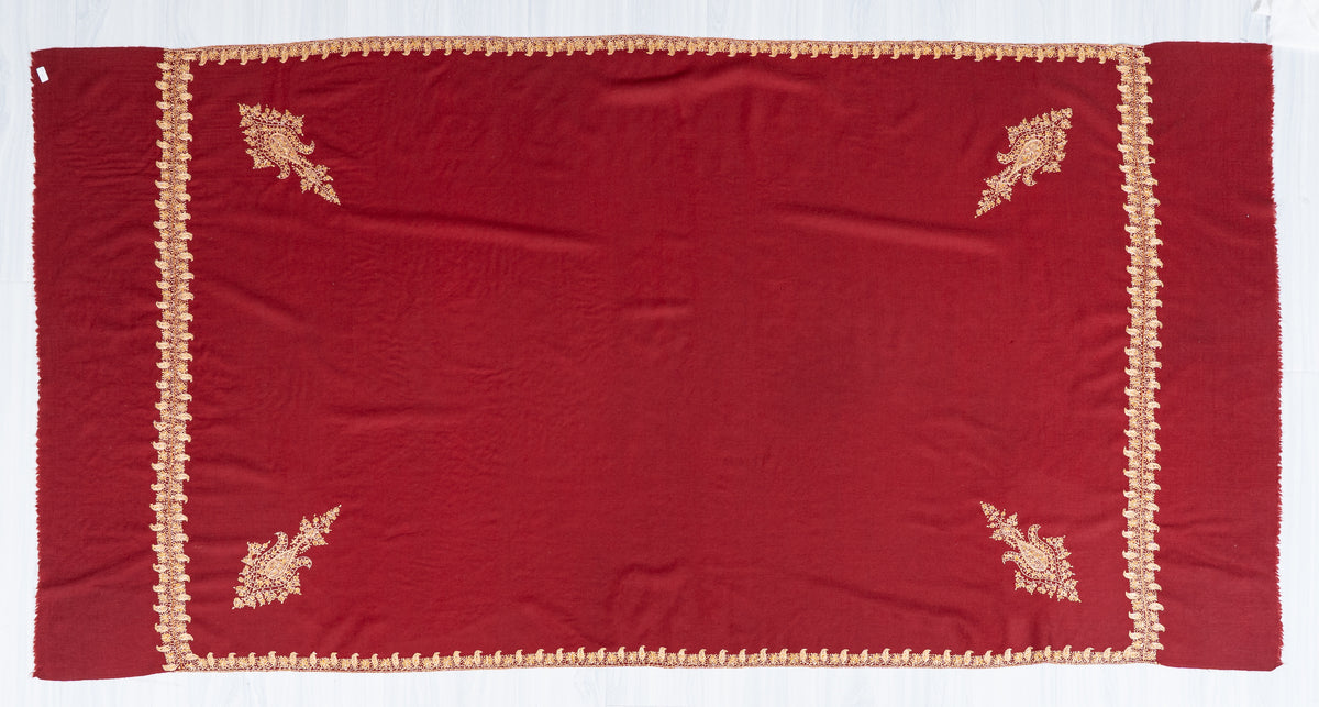 Garnet Red Merino Wool Shawl with Champagne Gold Sozni Hand Embroidered Paisley Accents