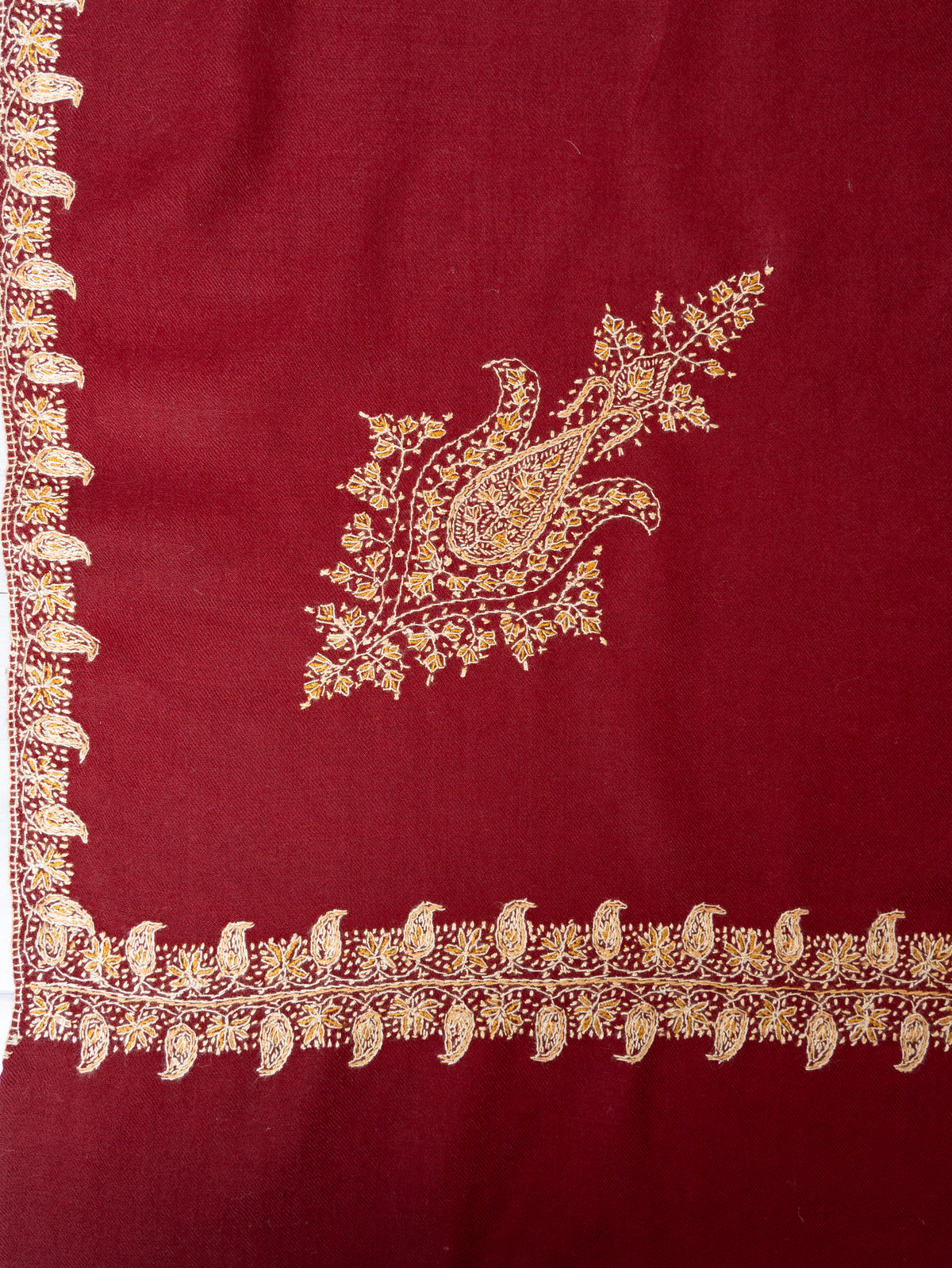 Garnet Red Merino Wool Shawl with Champagne Gold Sozni Hand Embroidered Paisley Accents