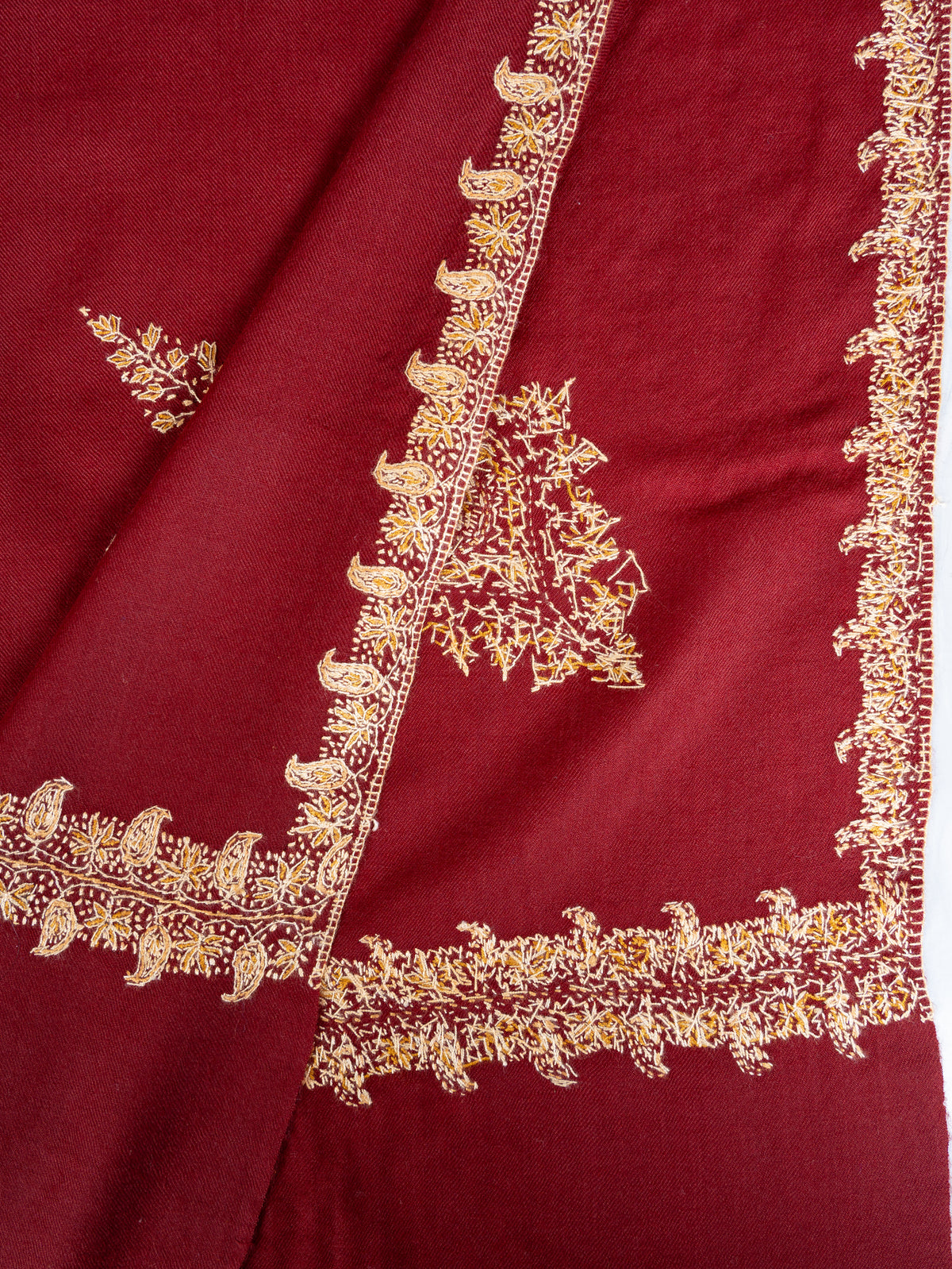 Garnet Red Merino Wool Shawl with Champagne Gold Sozni Hand Embroidered Paisley Accents