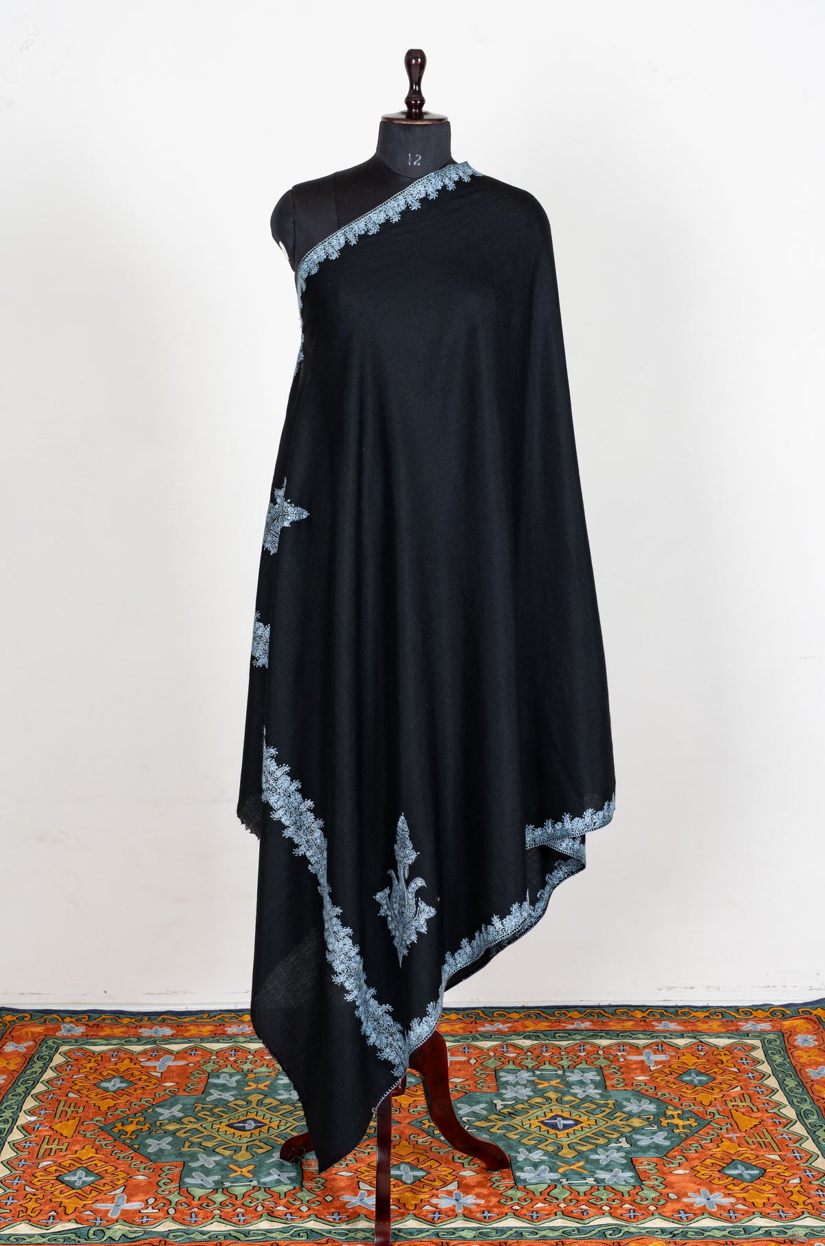 Midnight Frost Merino Wool Shawl with Ice Blue Sozni Hand Embroidered Floral Borders