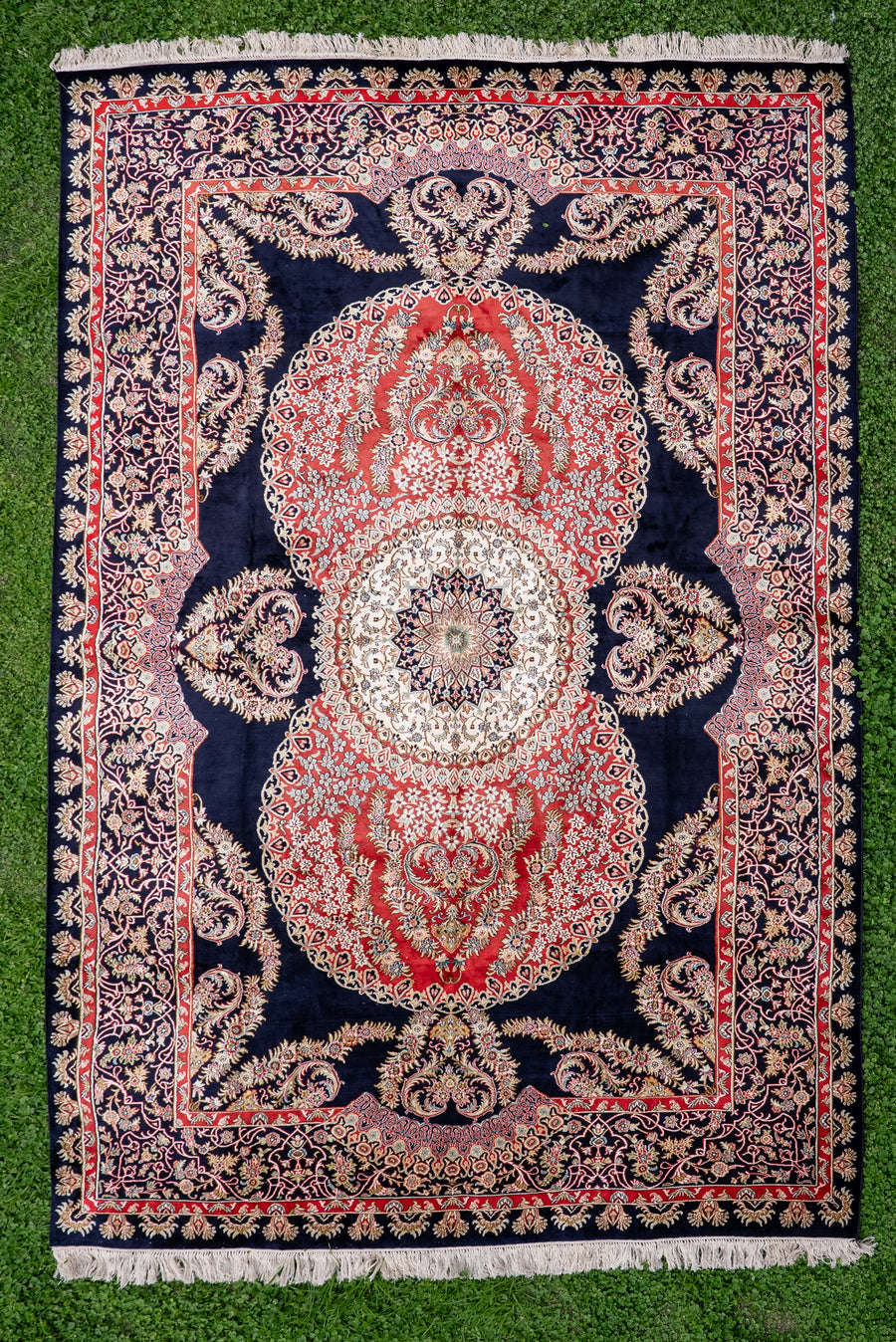 9ft x 6ft: Midnight Ruby Regal Medallion: Hand Knotted Mulberry silk on silk Kashmiri Carpet