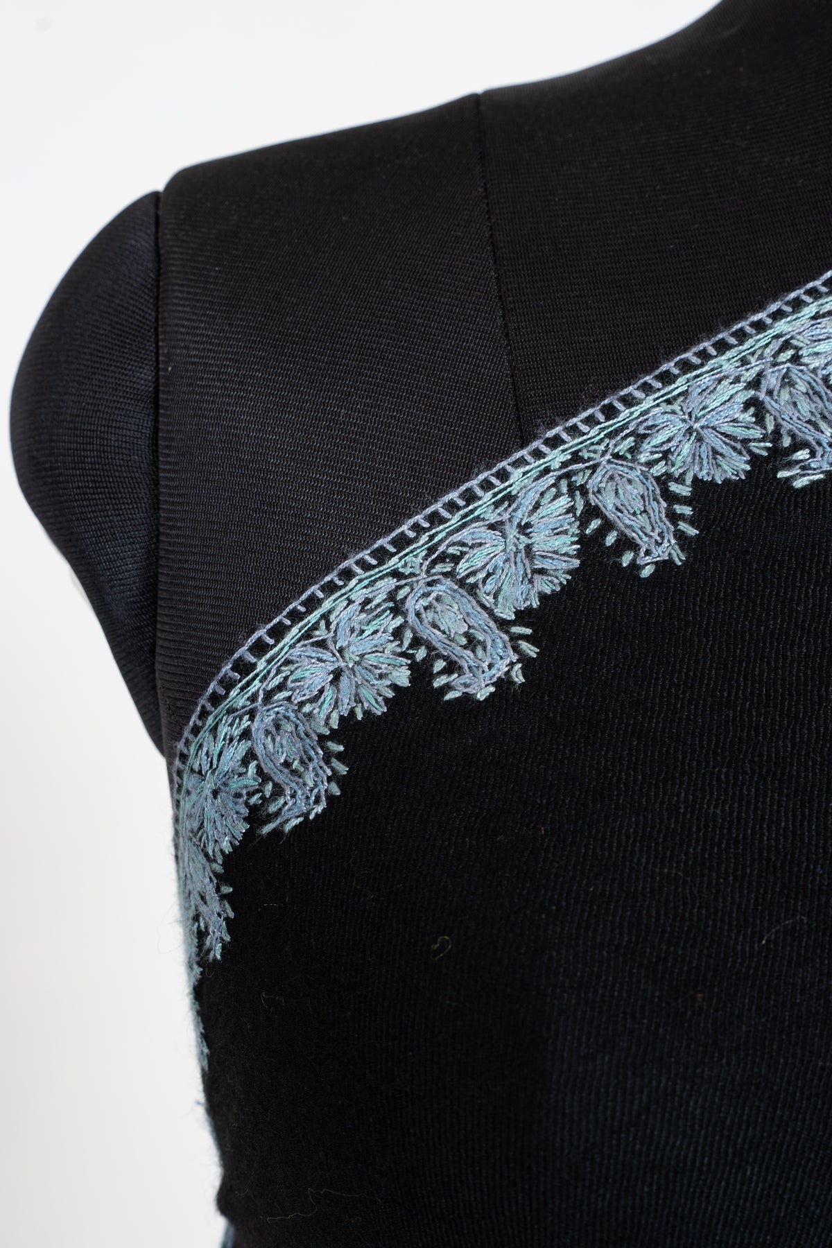 Midnight Frost Merino Wool Shawl with Ice Blue Sozni Hand Embroidered Floral Borders