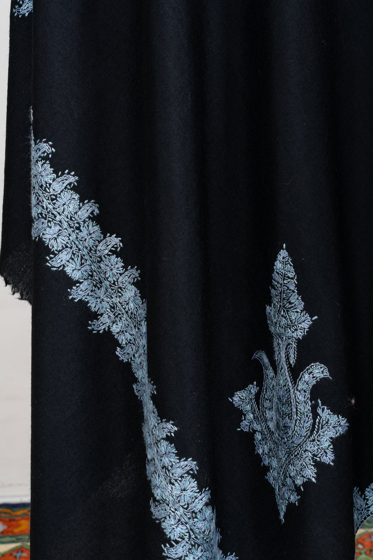 Midnight Frost Merino Wool Shawl with Ice Blue Sozni Hand Embroidered Floral Borders